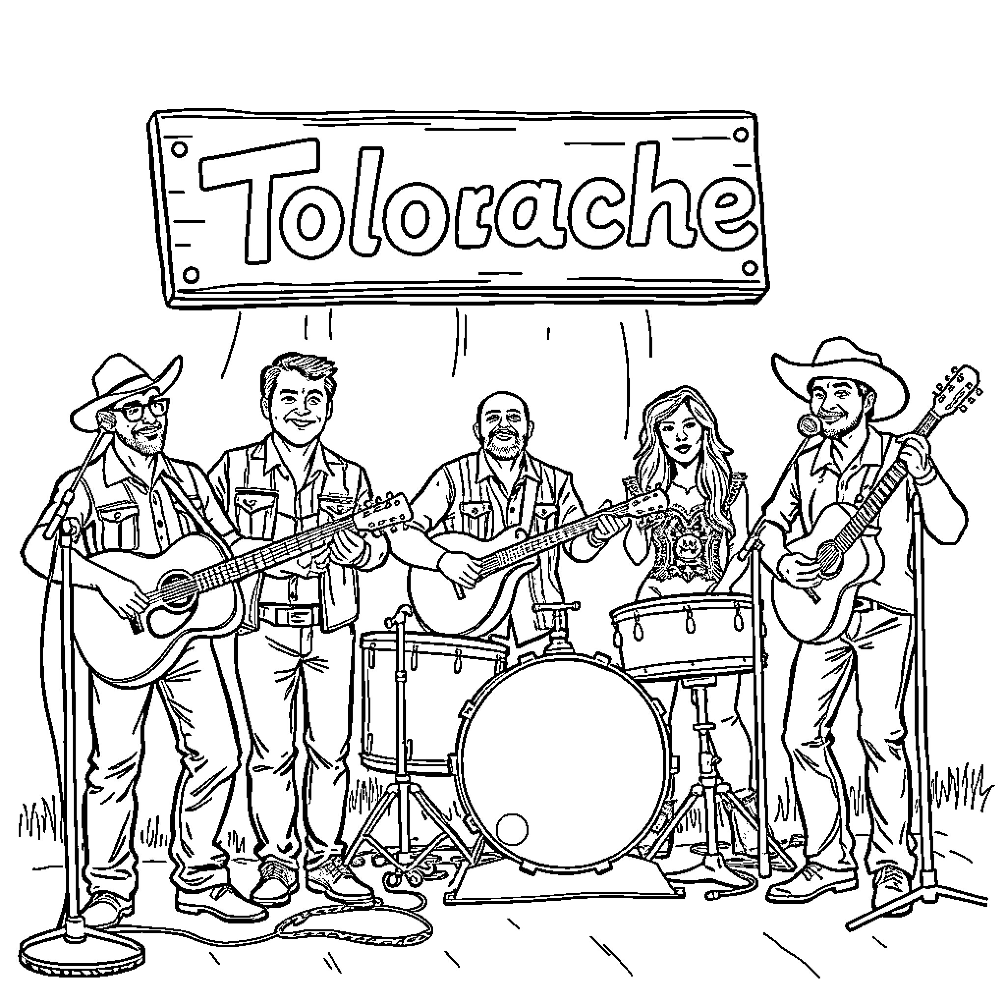 Band performing on stage with Tolorache sign Coloring Page (free black-and-white line drawing printable PDF for all, from beginners to advanced learners, including children, teens, adults, and seniors)