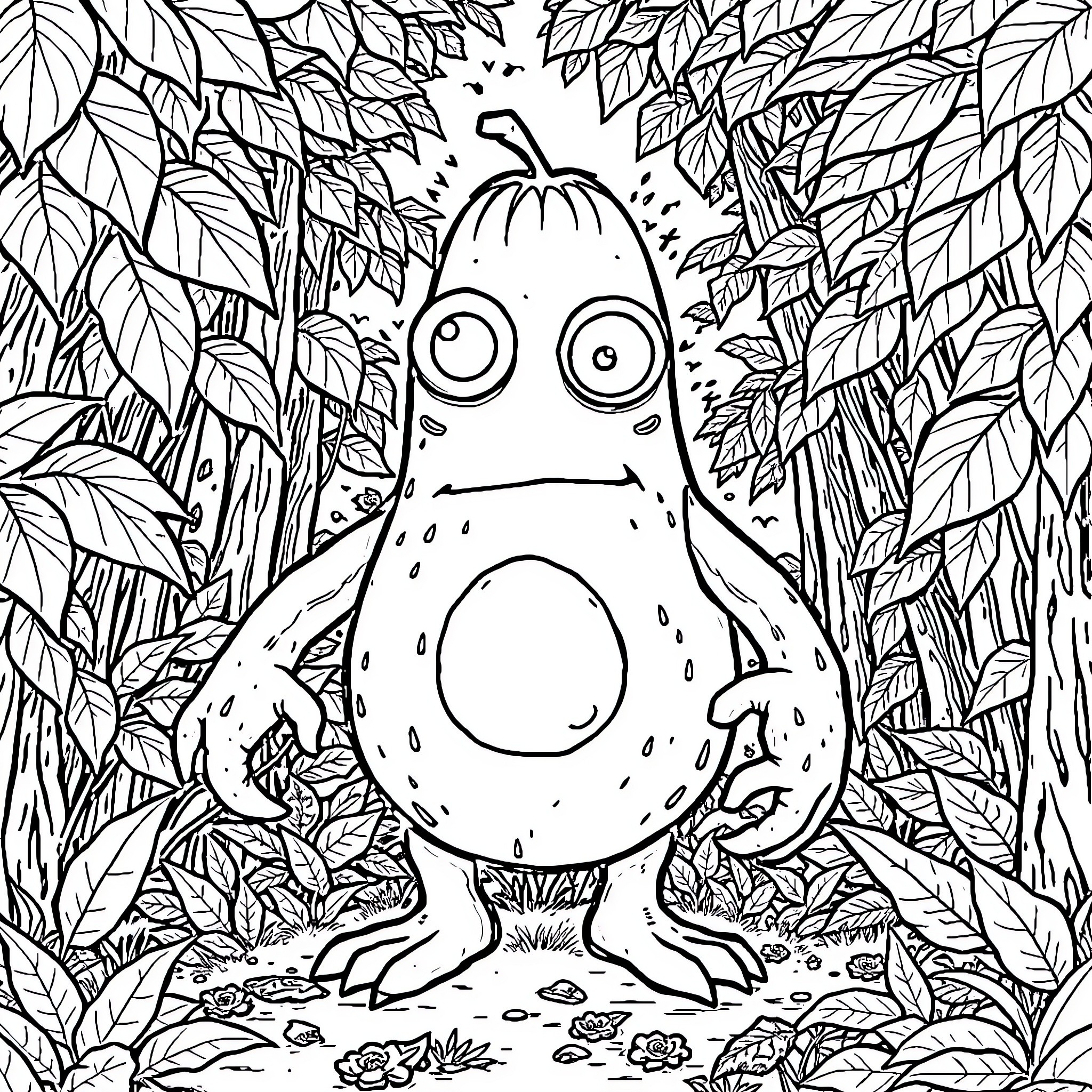 Avocado monster lurking in the jungle Coloring Page (free black-and-white line drawing printable PDF for all, from beginners to advanced learners, including children, teens, adults, and seniors)