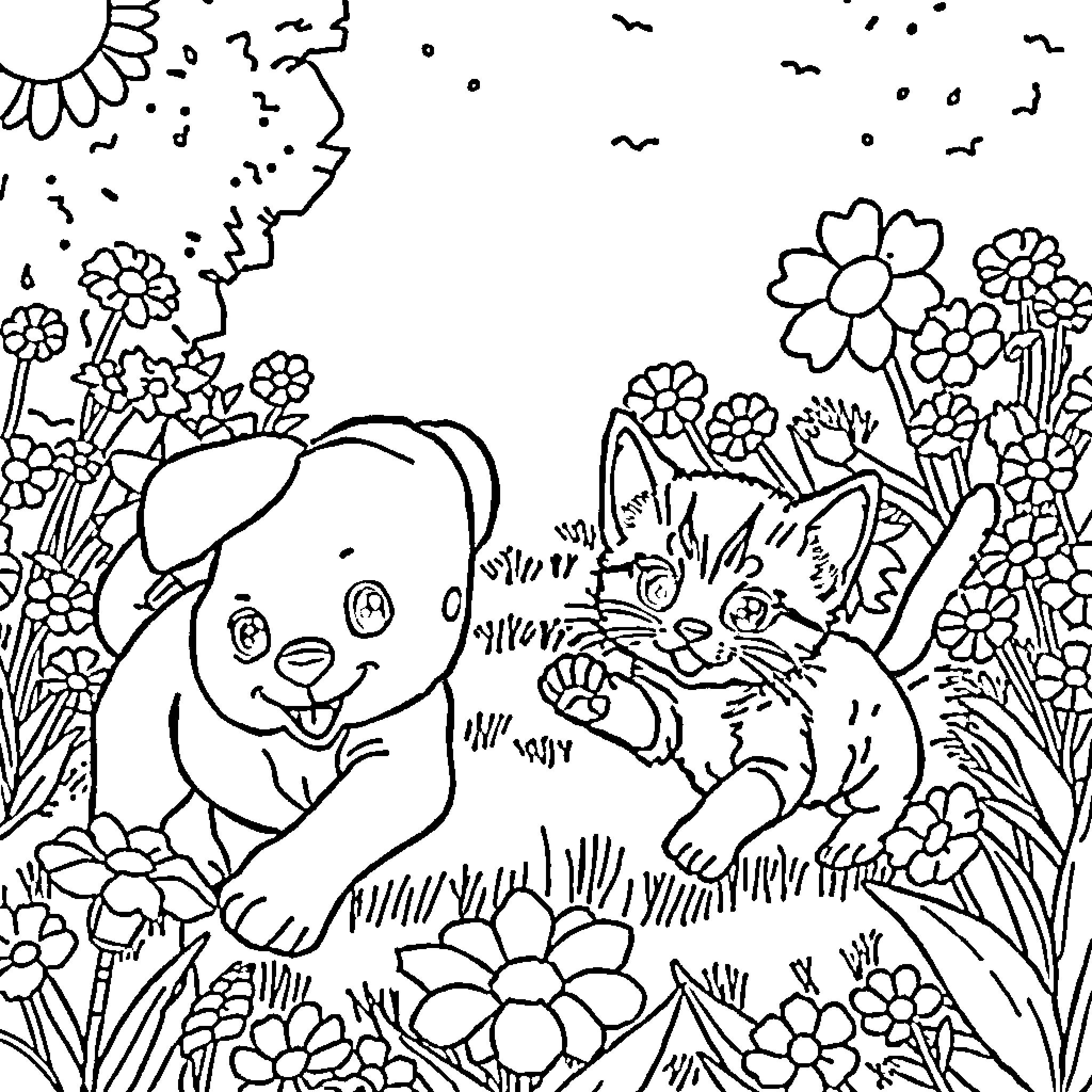 Puppy playing happily in the garden Coloring Page (free black-and-white line drawing printable PDF for all, from beginners to advanced learners, including children, teens, adults, and seniors)