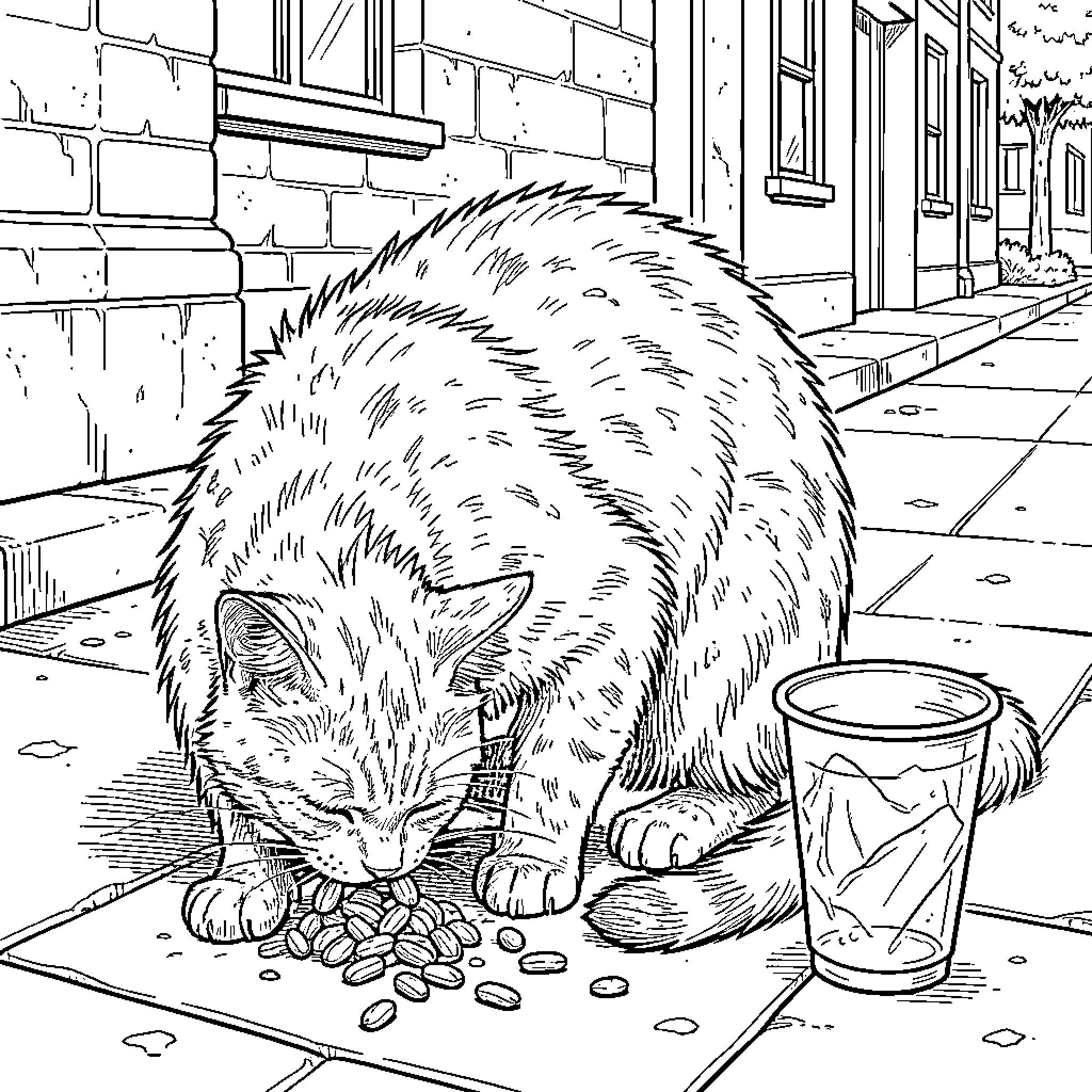 Gato exploring the city streets Coloring Page (free black-and-white line drawing printable PDF for all, from beginners to advanced learners, including children, teens, adults, and seniors)
