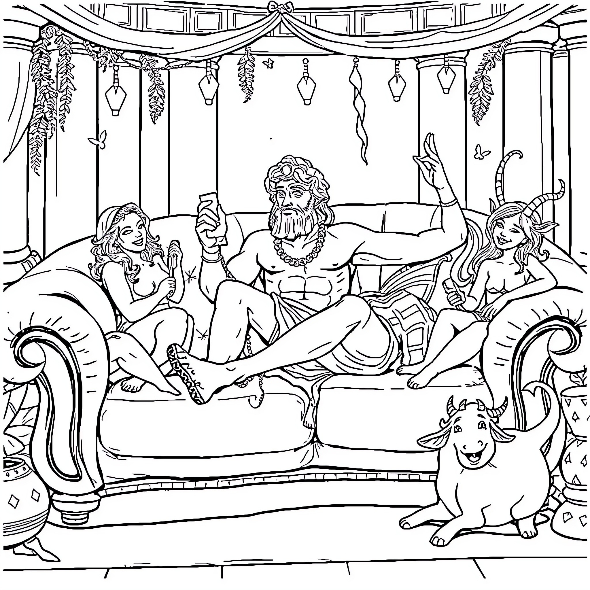Dionysus and his companions in a festive gathering Coloring Page (free black-and-white line drawing printable PDF for all, from beginners to advanced learners, including children, teens, adults, and seniors)