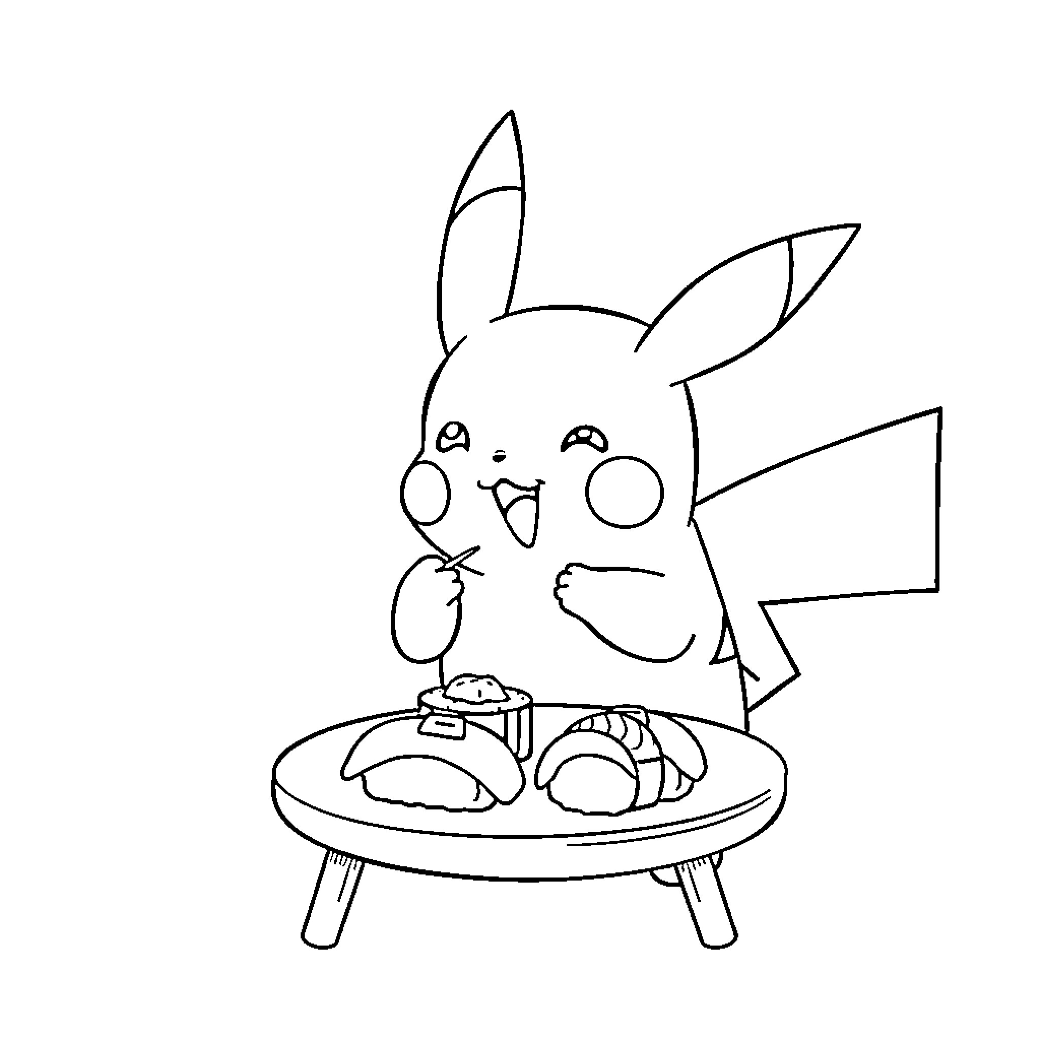 Pikachu enjoying a delicious meal Coloring Page (free black-and-white line drawing printable PDF for all, from beginners to advanced learners, including children, teens, adults, and seniors)