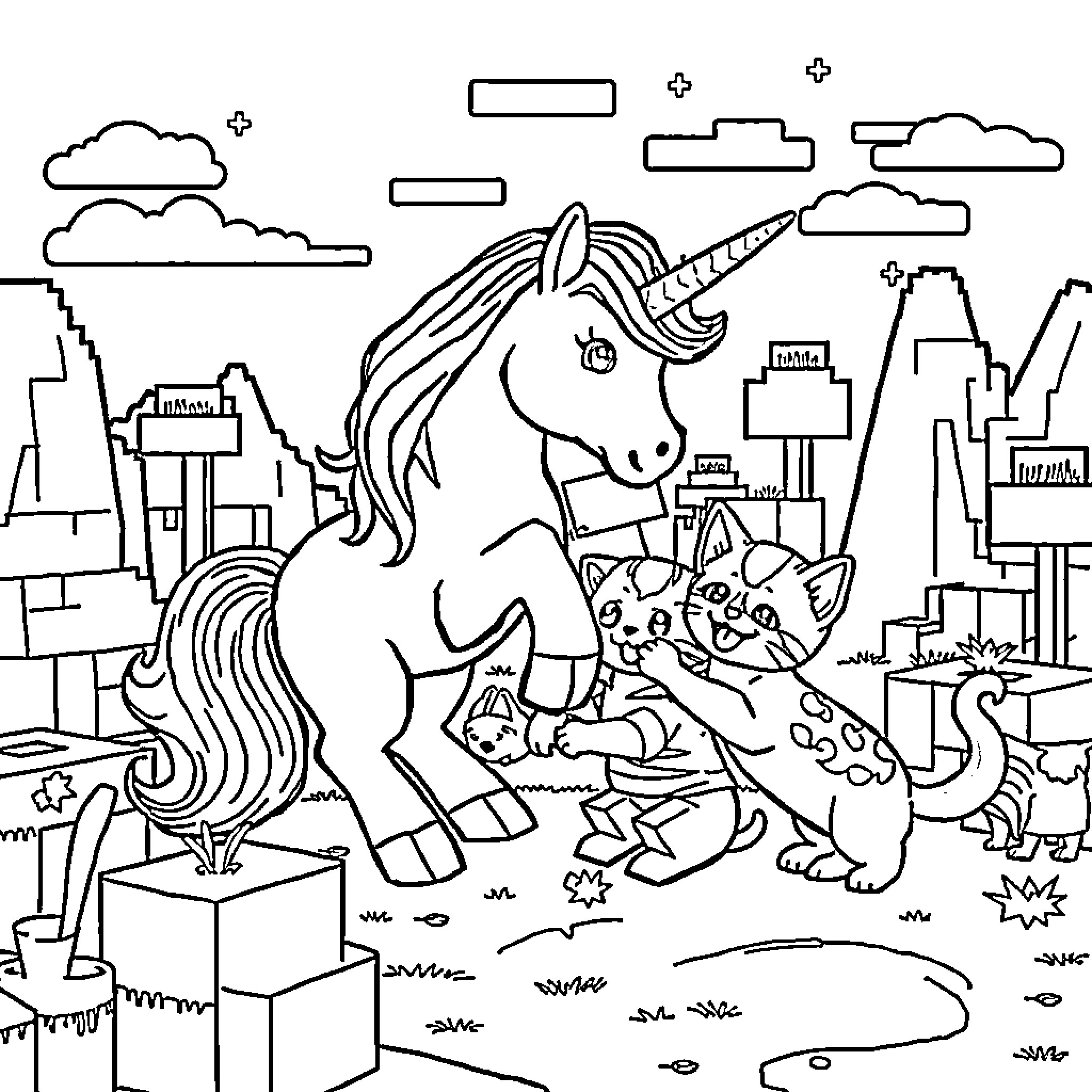 Unicorn exploring the vibrant city with animal friends Coloring Page (free black-and-white line drawing printable PDF for all, from beginners to advanced learners, including children, teens, adults, and seniors)
