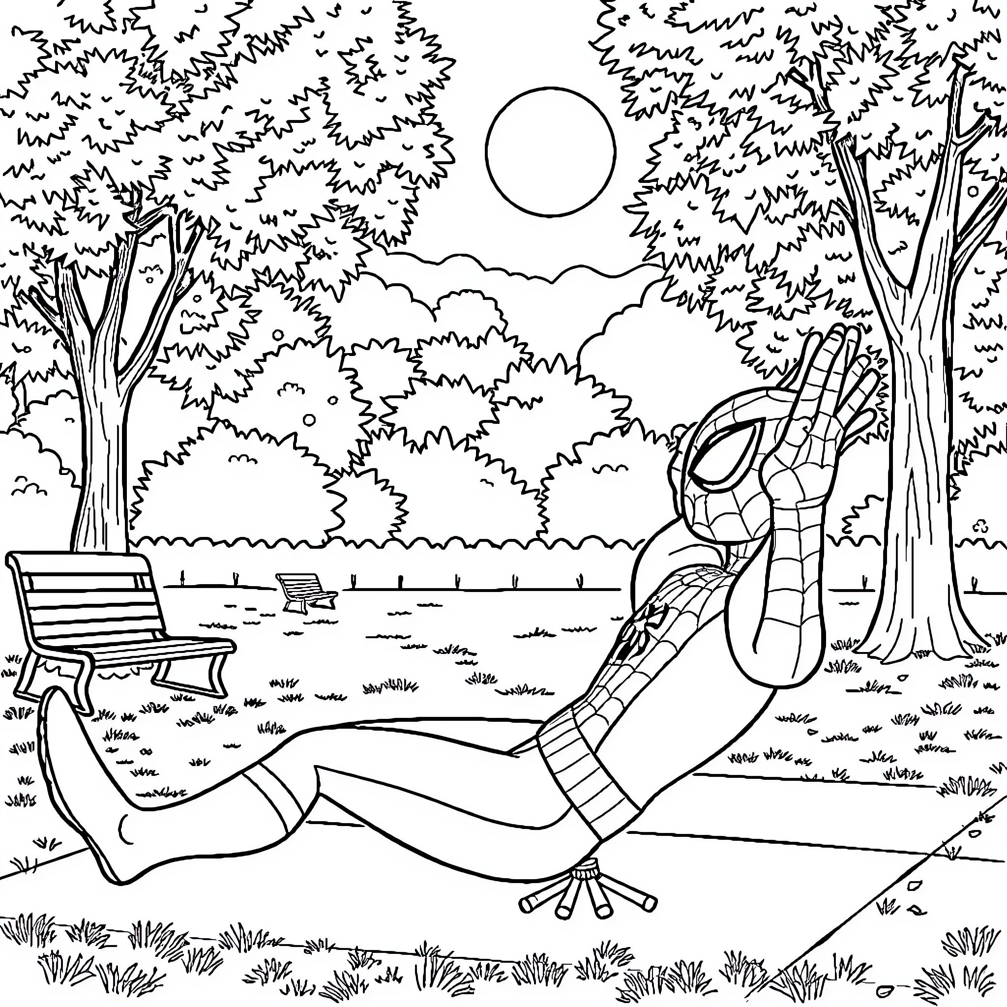 Spider-Man relaxing in a peaceful nature scene Coloring Page (free black-and-white line drawing printable PDF for all, from beginners to advanced learners, including children, teens, adults, and seniors)