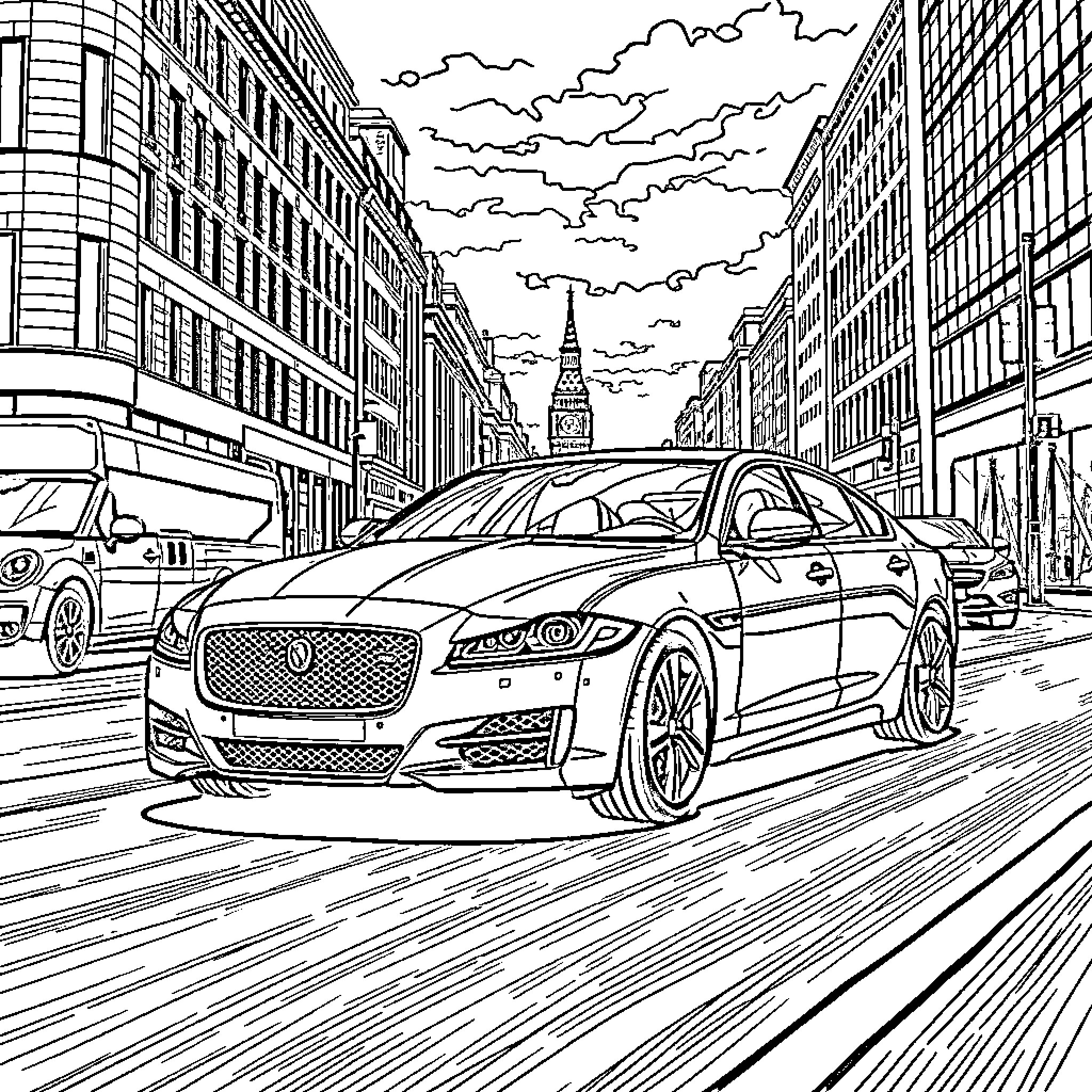Jaguar luxury cars on the city street Coloring Page (free black-and-white line drawing printable PDF for all, from beginners to advanced learners, including children, teens, adults, and seniors)