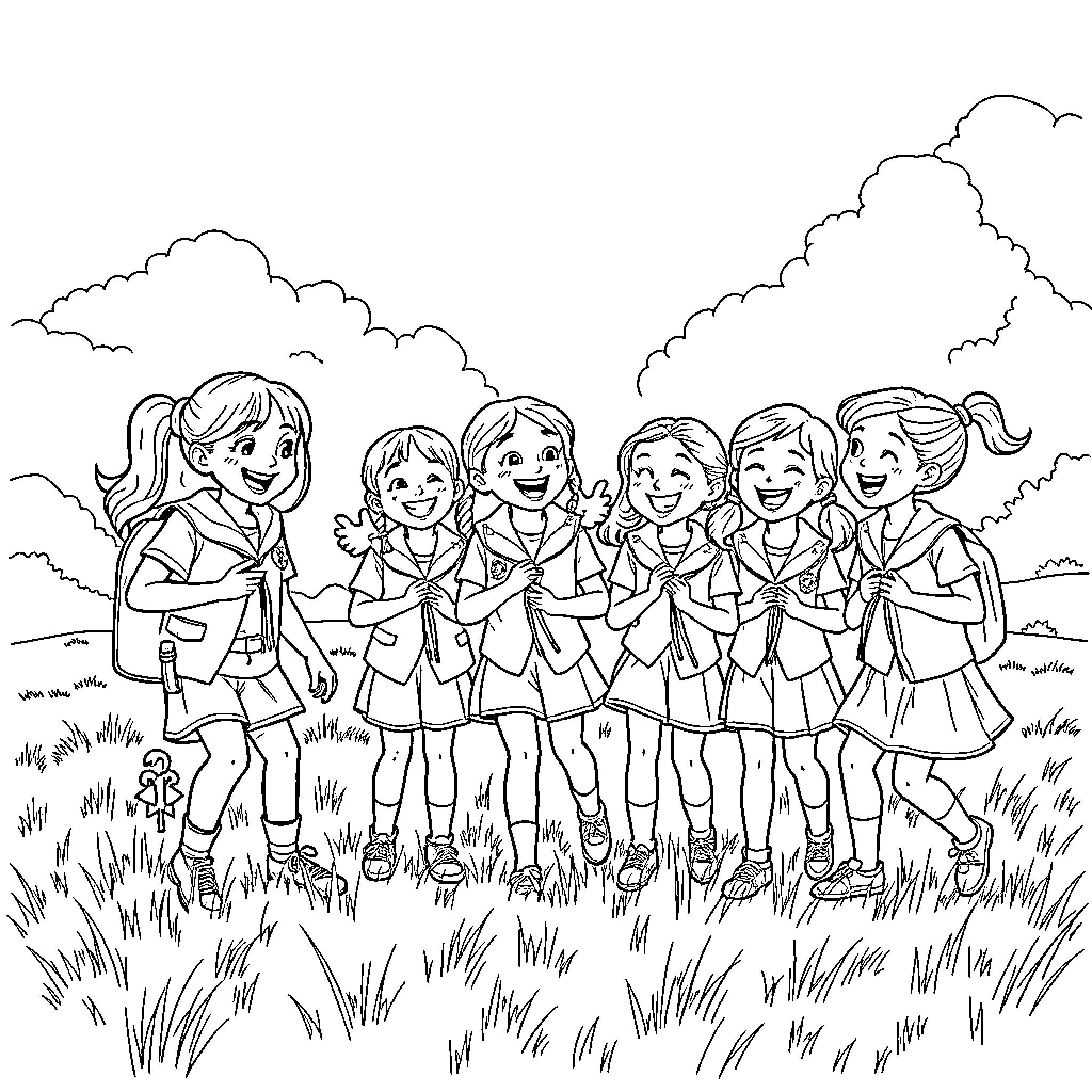 Girl Scouts enjoying outdoor activities together Coloring Page (free black-and-white line drawing printable PDF for all, from beginners to advanced learners, including children, teens, adults, and seniors)