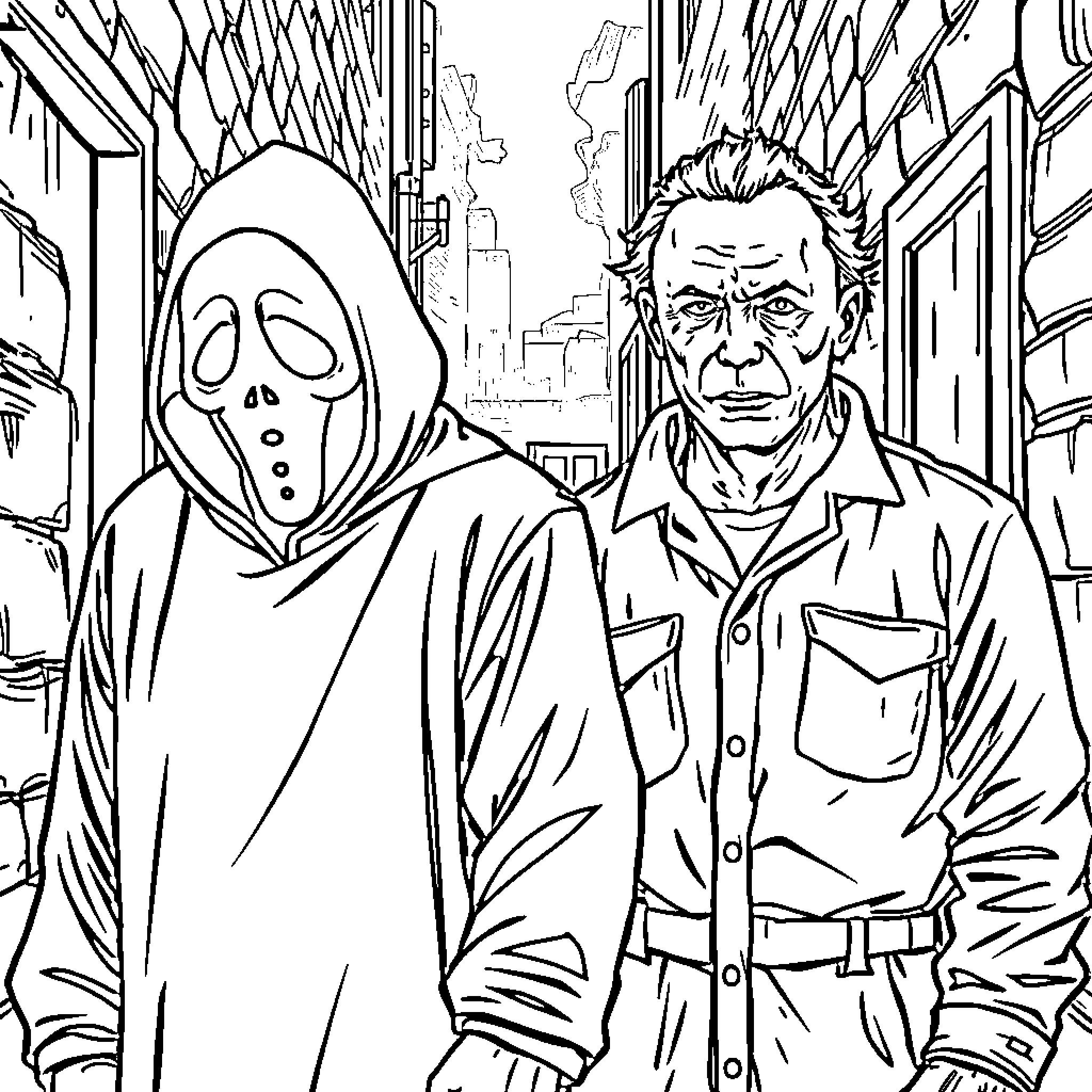 Ghostface and the Mysterious Figure in the Alleyway Coloring Page (free black-and-white line drawing printable PDF for all, from beginners to advanced learners, including children, teens, adults, and seniors)