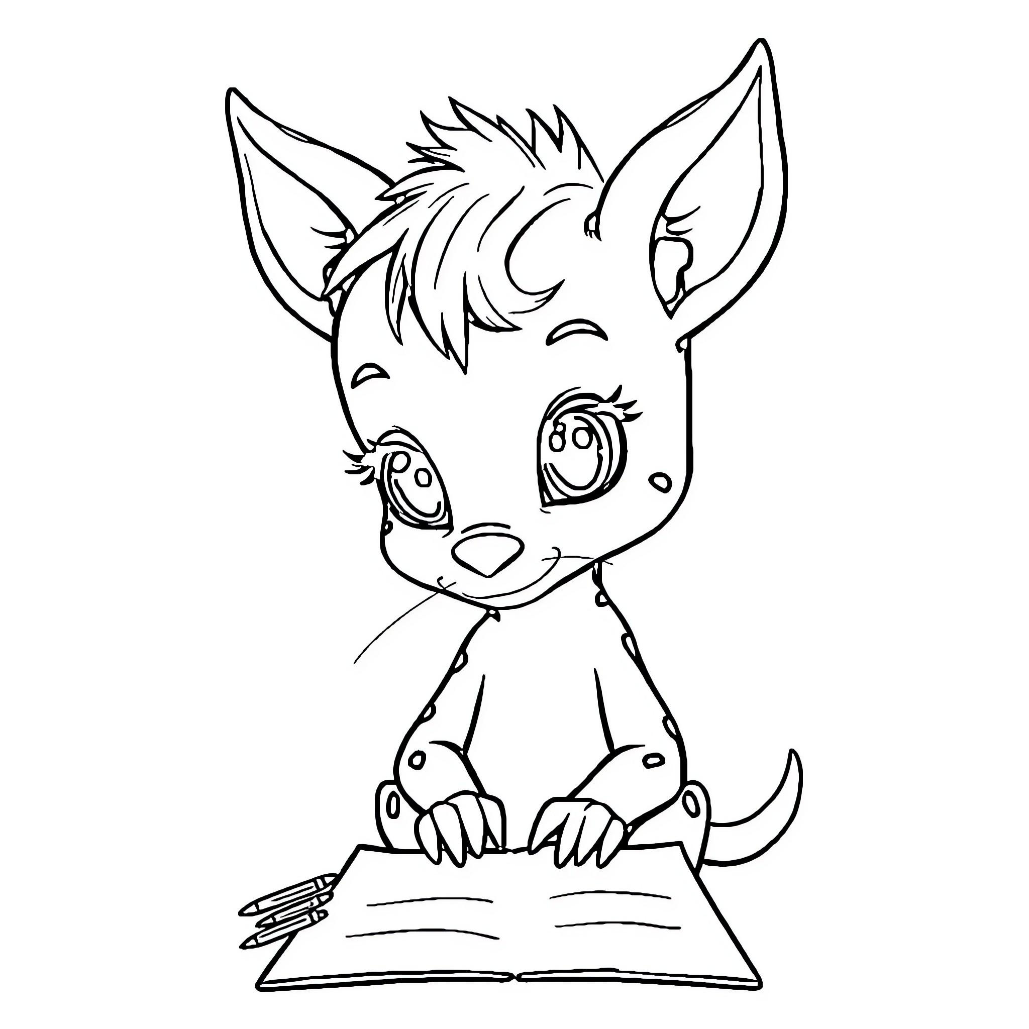Nina's Curious Canine with an Open Book Coloring Page (free black-and-white line drawing printable PDF for all, from beginners to advanced learners, including children, teens, adults, and seniors)
