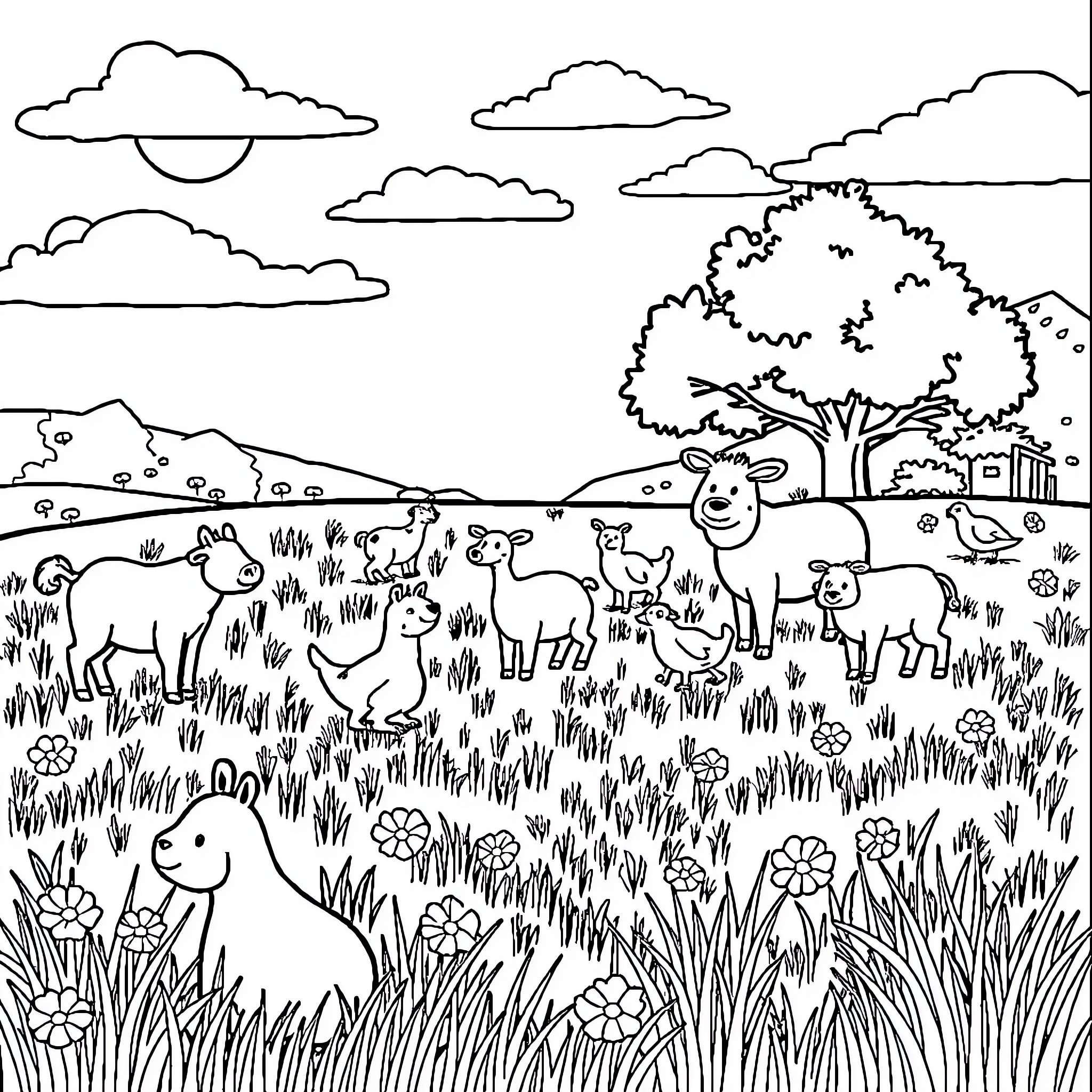 Animal Farm Scene with Diverse Wildlife Coloring Page (free black-and-white line drawing printable PDF for all, from beginners to advanced learners, including children, teens, adults, and seniors)