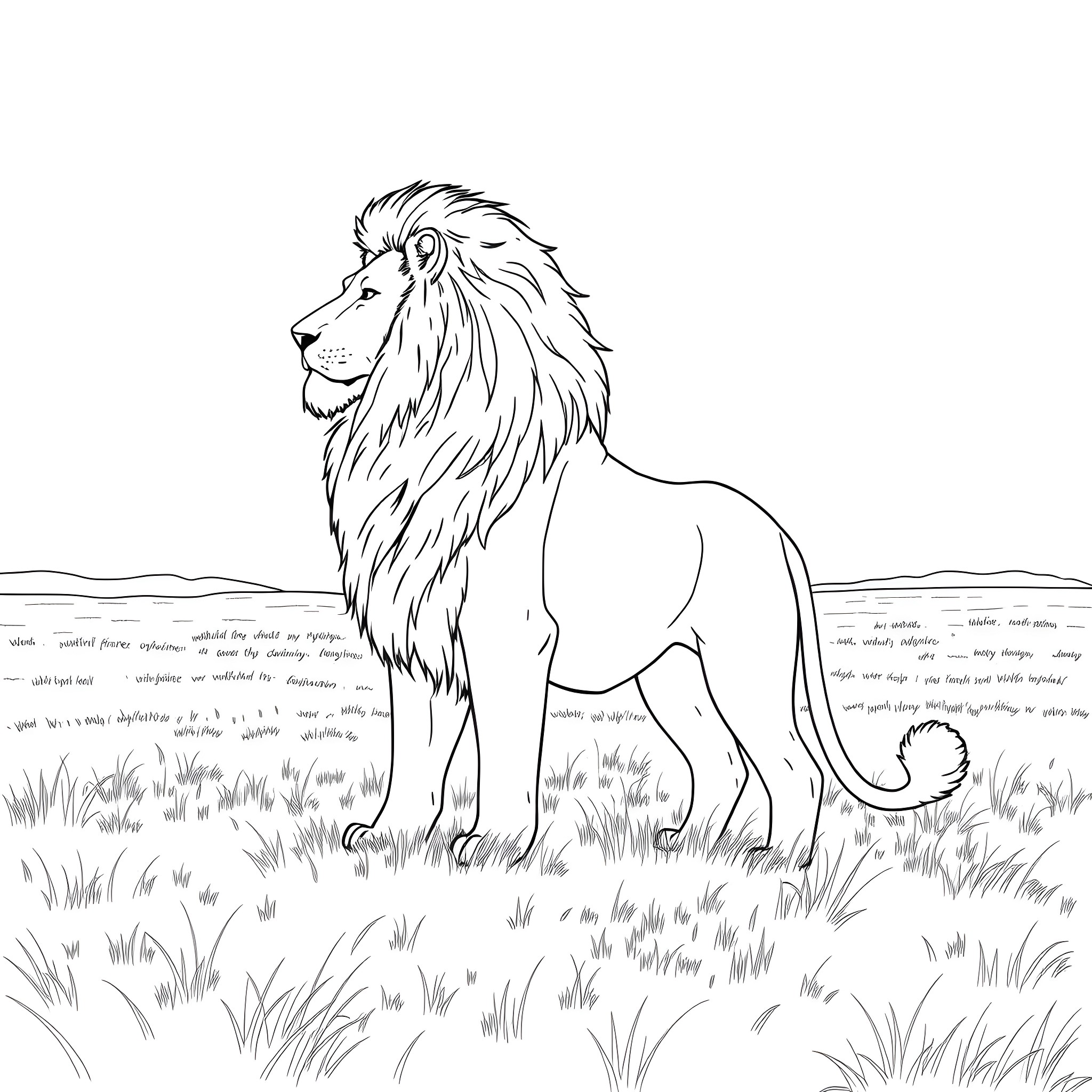 Lion standing proudly in the grasslands Coloring Page (free black-and-white line drawing printable PDF for all, from beginners to advanced learners, including children, teens, adults, and seniors)