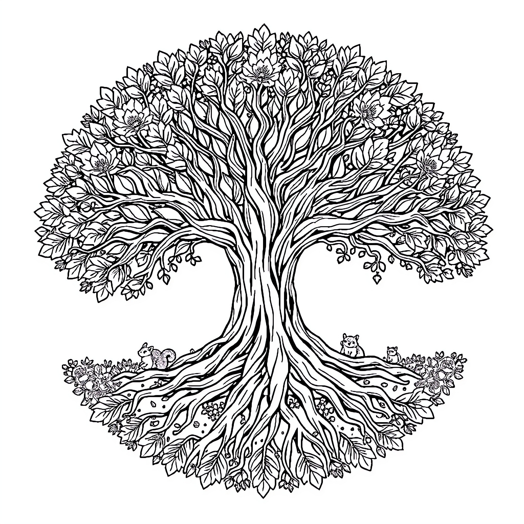 Oak Tree with Intricate Foliage and Hidden Creatures Coloring Page (free black-and-white line drawing printable PDF for all, from beginners to advanced learners, including children, teens, adults, and seniors)