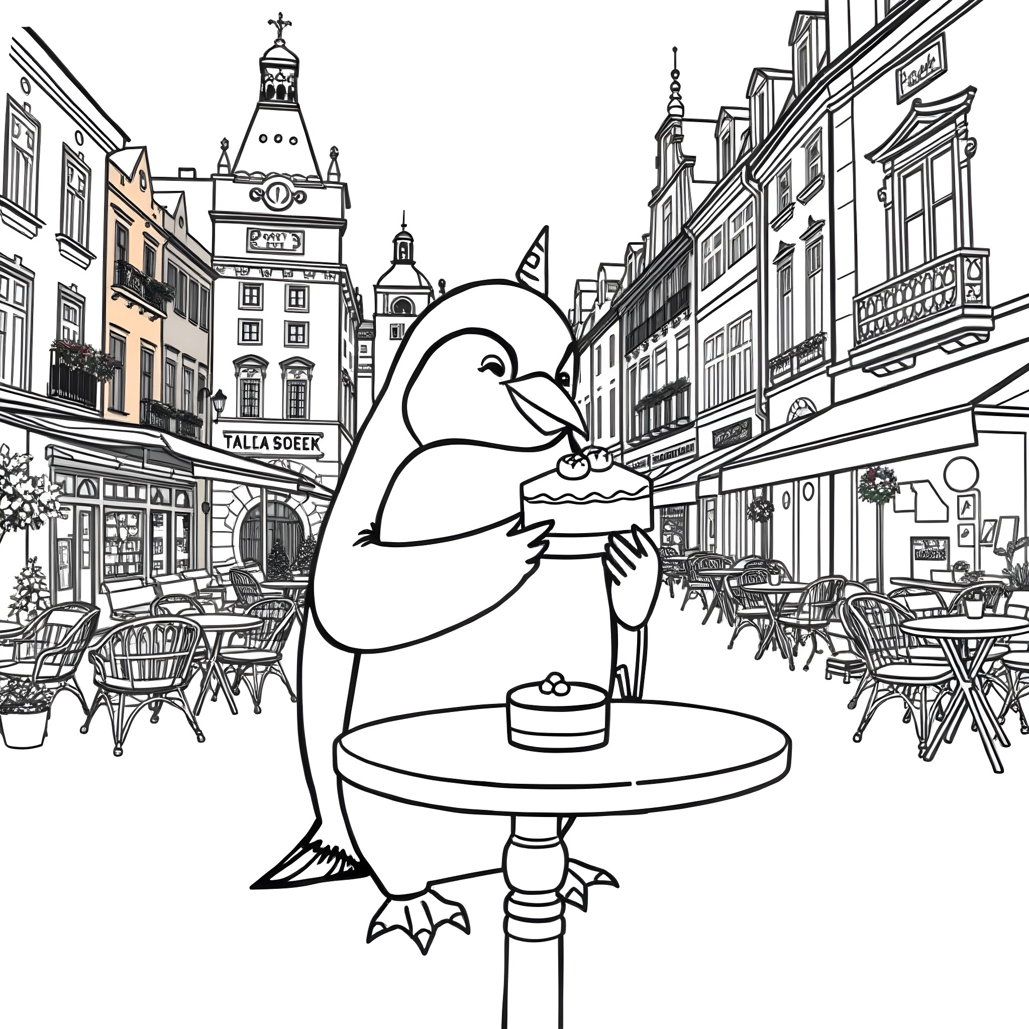 Penguin enjoying a coffee in a city street cafe Coloring Page (free black-and-white line drawing printable PDF for all, from beginners to advanced learners, including children, teens, adults, and seniors)