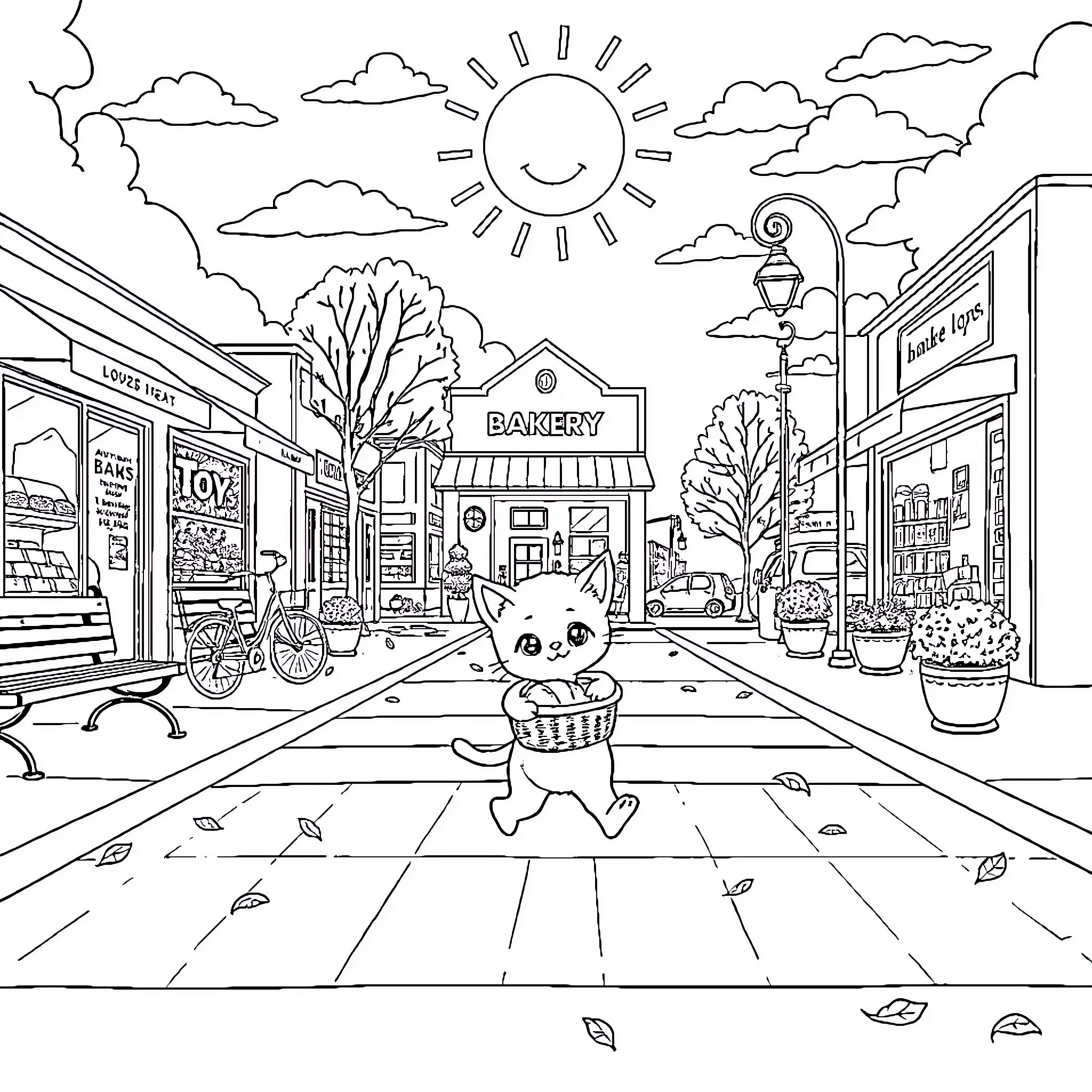 Kitten exploring a lively town street Coloring Page (free black-and-white line drawing printable PDF for all, from beginners to advanced learners, including children, teens, adults, and seniors)
