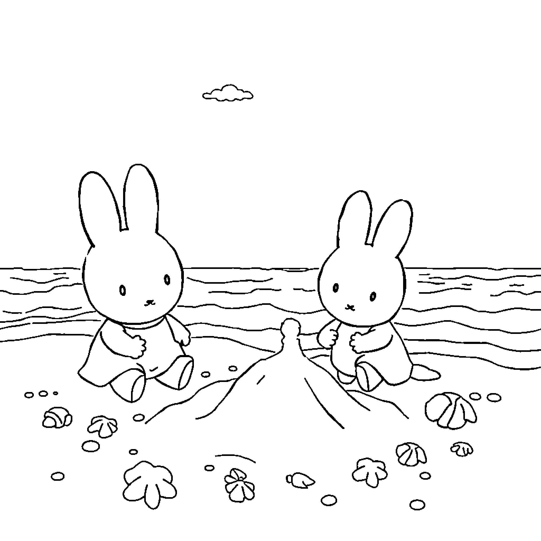 Miffy rabbits enjoying a day at the beach Coloring Page (free black-and-white line drawing printable PDF for all, from beginners to advanced learners, including children, teens, adults, and seniors)