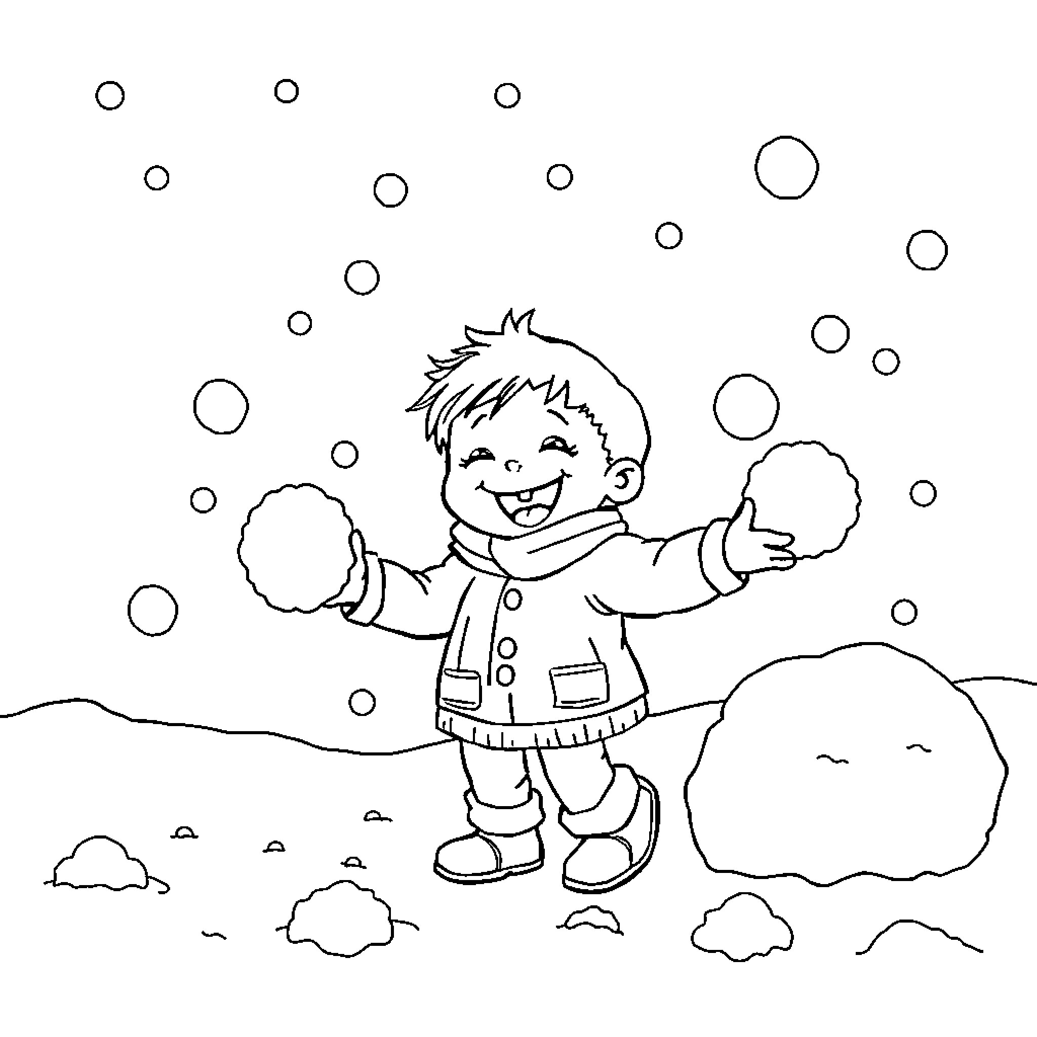 Bluey playing happily with snow in the winter landscape Coloring Page (free black-and-white line drawing printable PDF for all, from beginners to advanced learners, including children, teens, adults, and seniors)