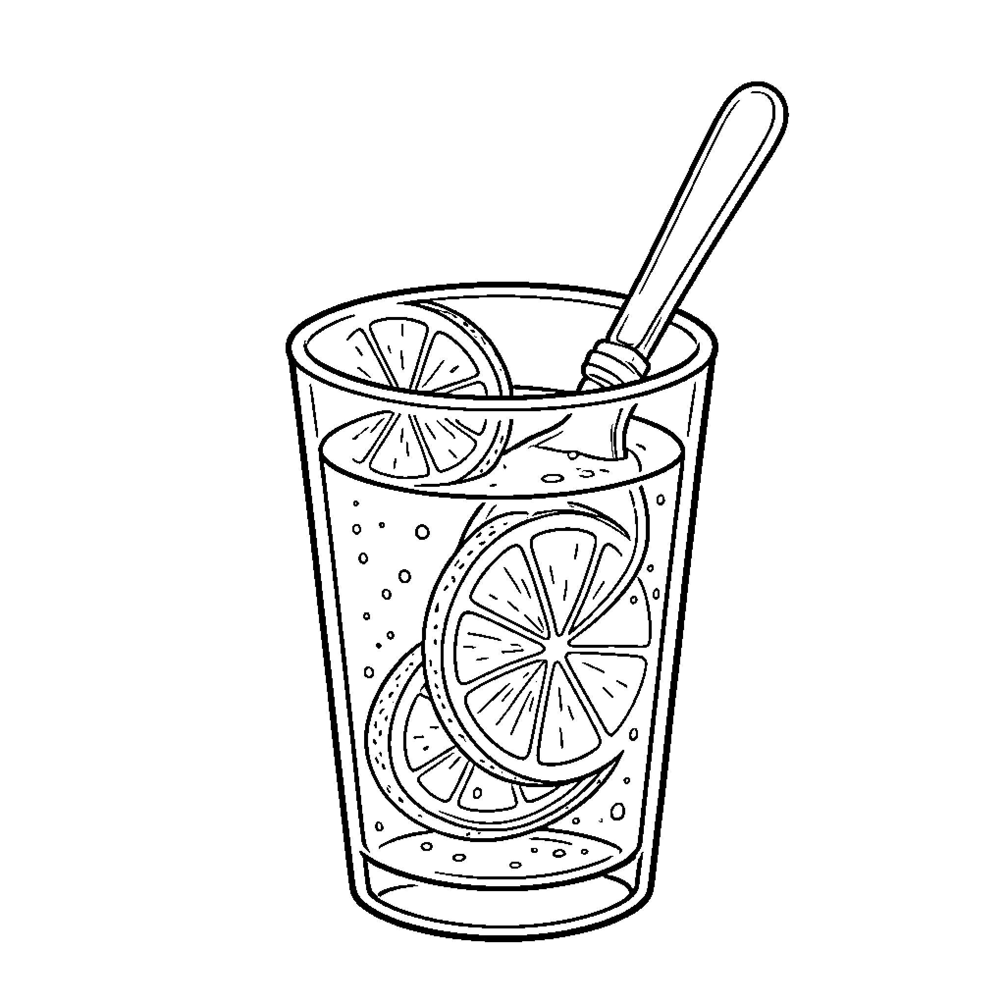 Spoon stirring a refreshing drink Coloring Page (free black-and-white line drawing printable PDF for all, from beginners to advanced learners, including children, teens, adults, and seniors)
