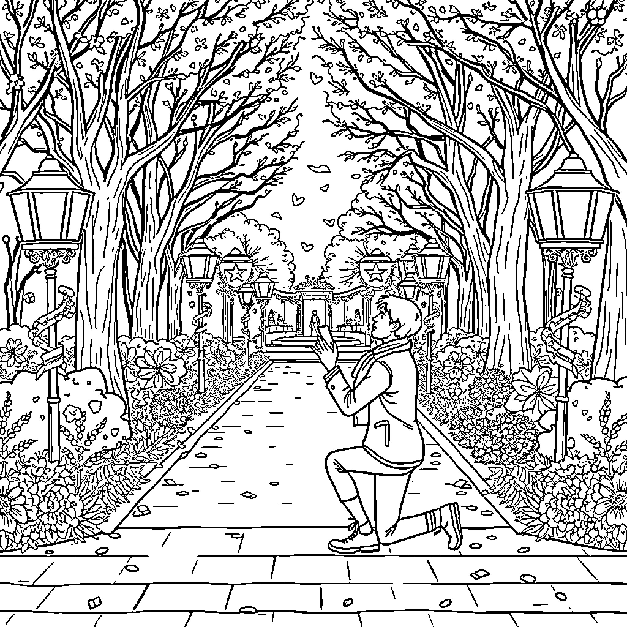 Man enjoying a peaceful walk in a beautiful park Coloring Page (free black-and-white line drawing printable PDF for all, from beginners to advanced learners, including children, teens, adults, and seniors)