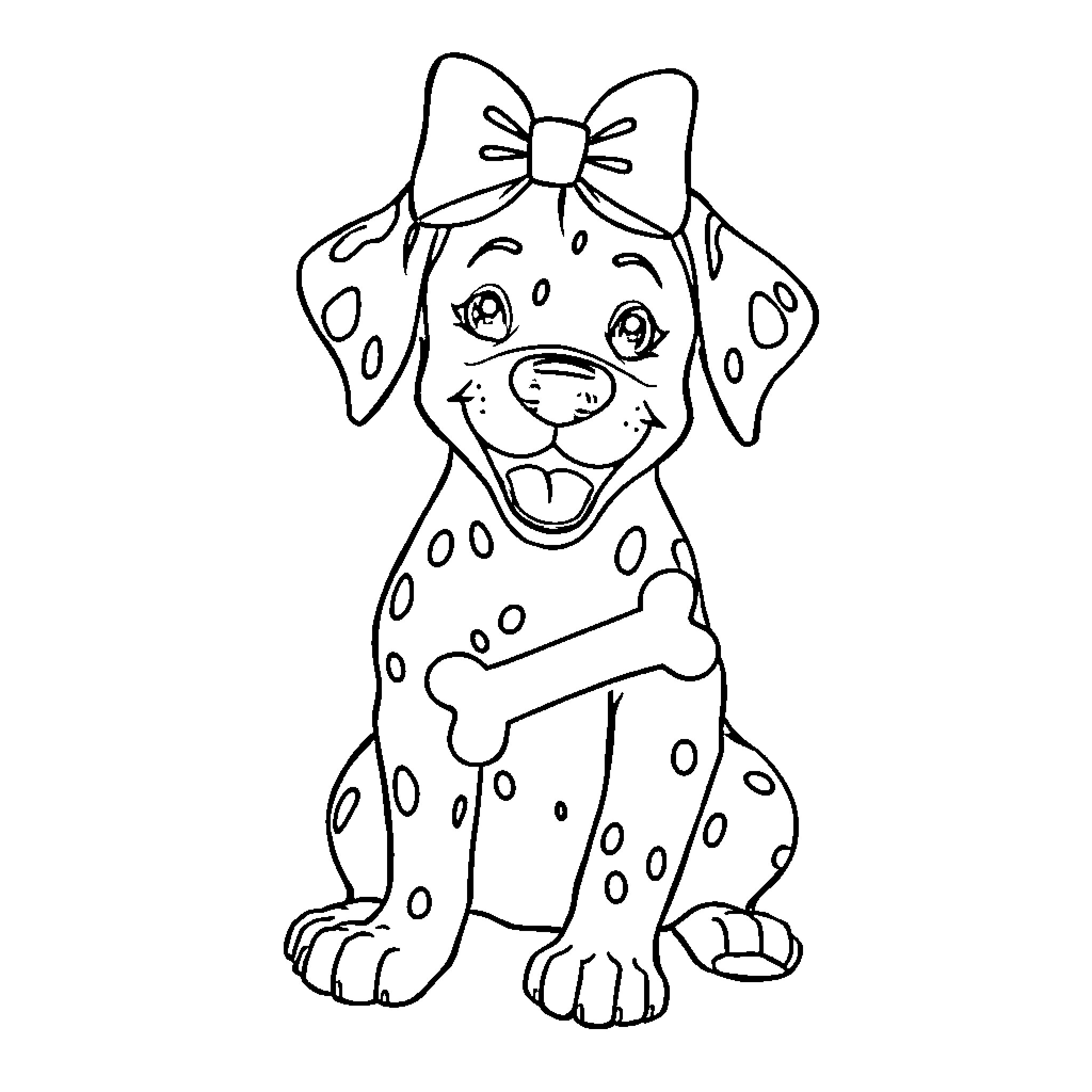 Dalmatian puppy with a bow enjoying a bone Coloring Page (free black-and-white line drawing printable PDF for all, from beginners to advanced learners, including children, teens, adults, and seniors)