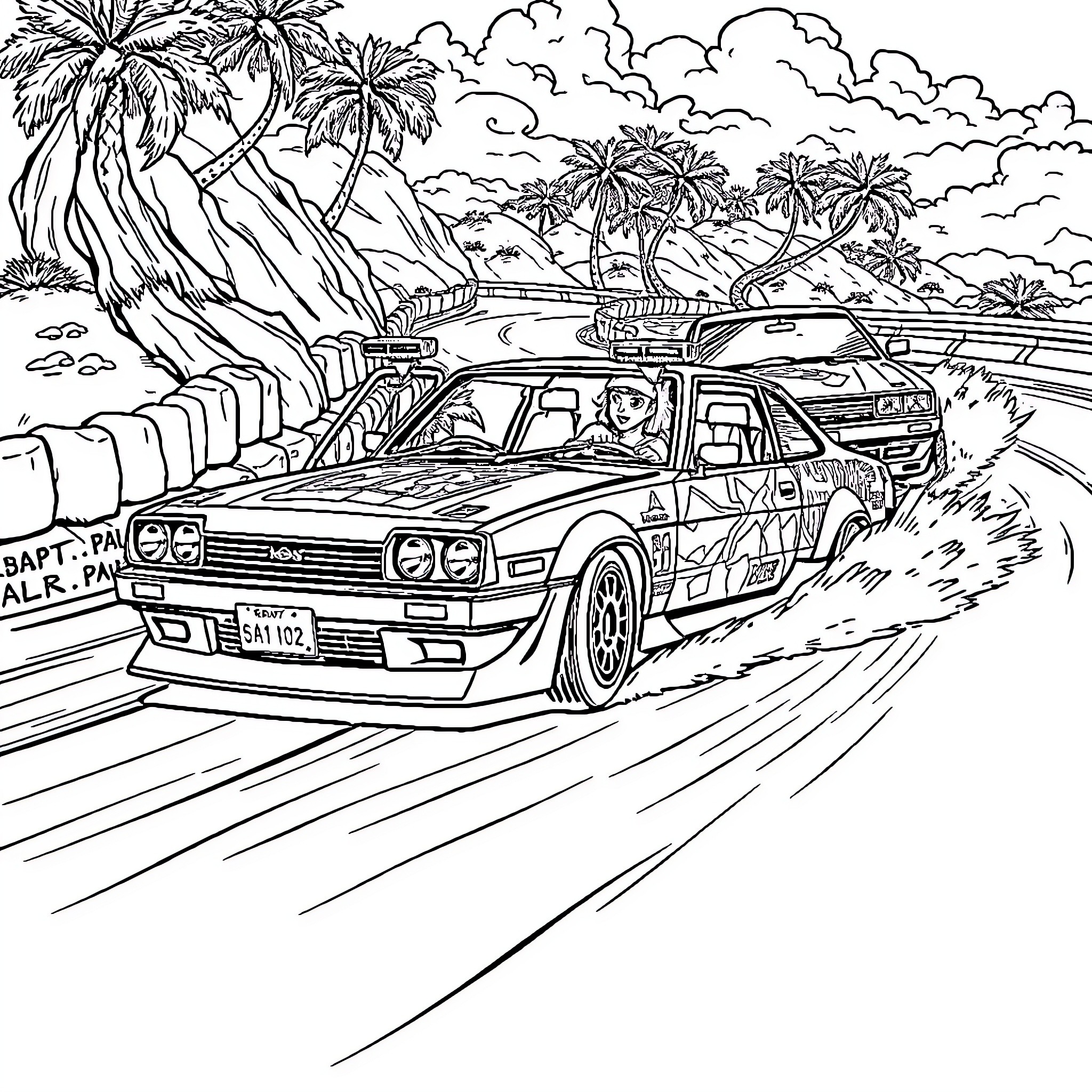 Strawhat Pirate racing in tropical environment Coloring Page (free black-and-white line drawing printable PDF for all, from beginners to advanced learners, including children, teens, adults, and seniors)
