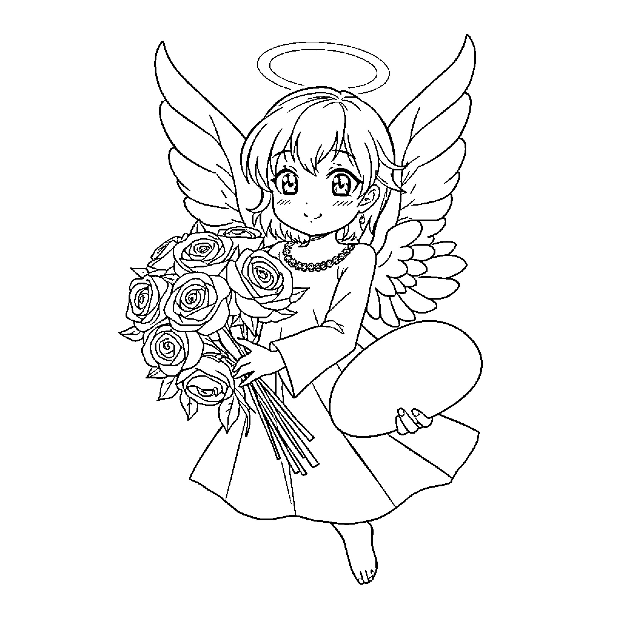 Angel holding a bouquet of roses Coloring Page (free black-and-white line drawing printable PDF for all, from beginners to advanced learners, including children, teens, adults, and seniors)