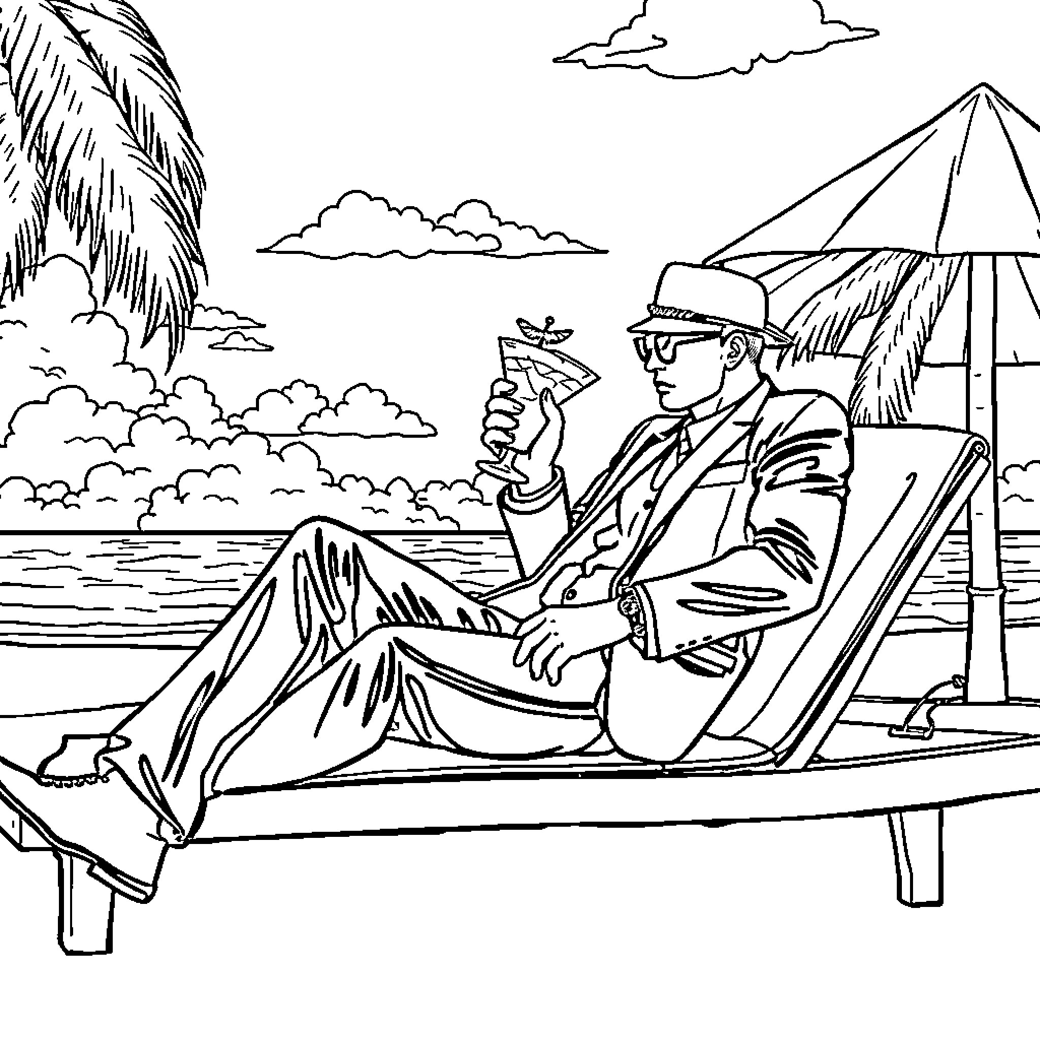 Hitman Relaxing on the Beach with Drink Coloring Page (free black-and-white line drawing printable PDF for all, from beginners to advanced learners, including children, teens, adults, and seniors)