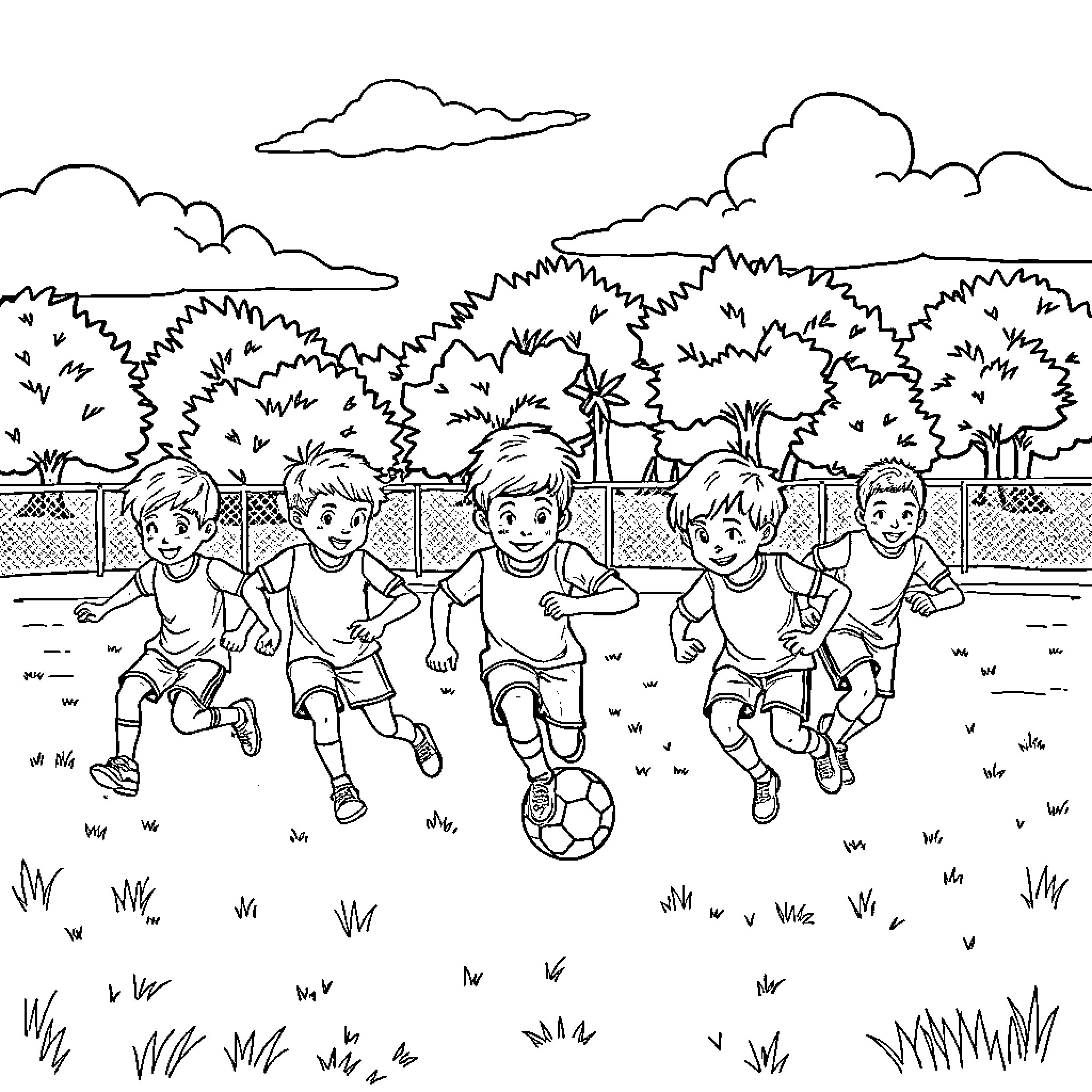 Football game with active kids on the field Coloring Page (free black-and-white line drawing printable PDF for all, from beginners to advanced learners, including children, teens, adults, and seniors)