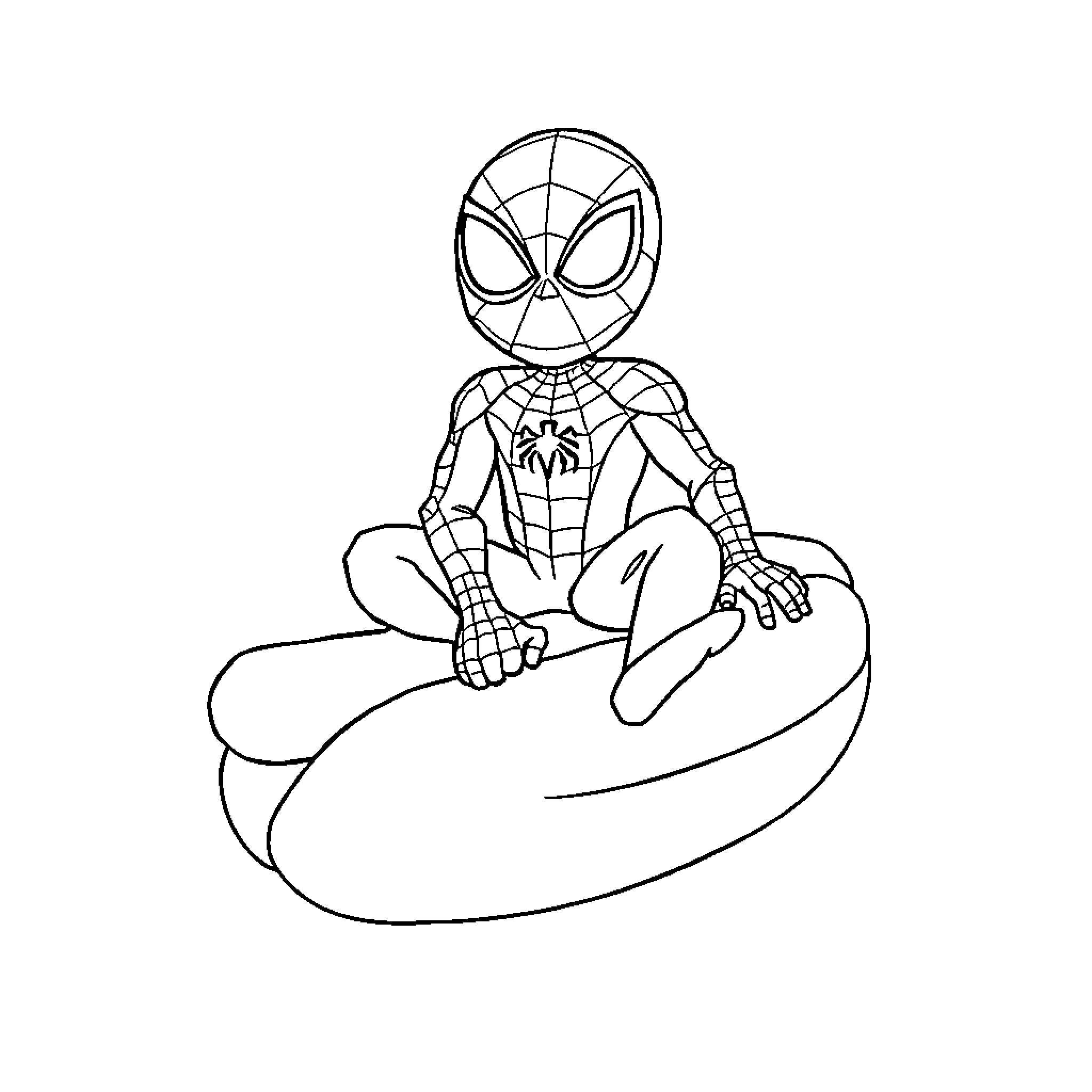 Spiderman sitting on a web Coloring Page (free black-and-white line drawing printable PDF for all, from beginners to advanced learners, including children, teens, adults, and seniors)