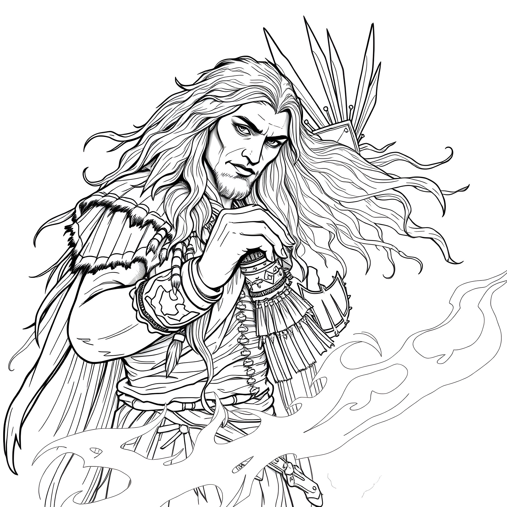 Spirit of the Warrior's Fury Coloring Page (free black-and-white line drawing printable PDF for all, from beginners to advanced learners, including children, teens, adults, and seniors)