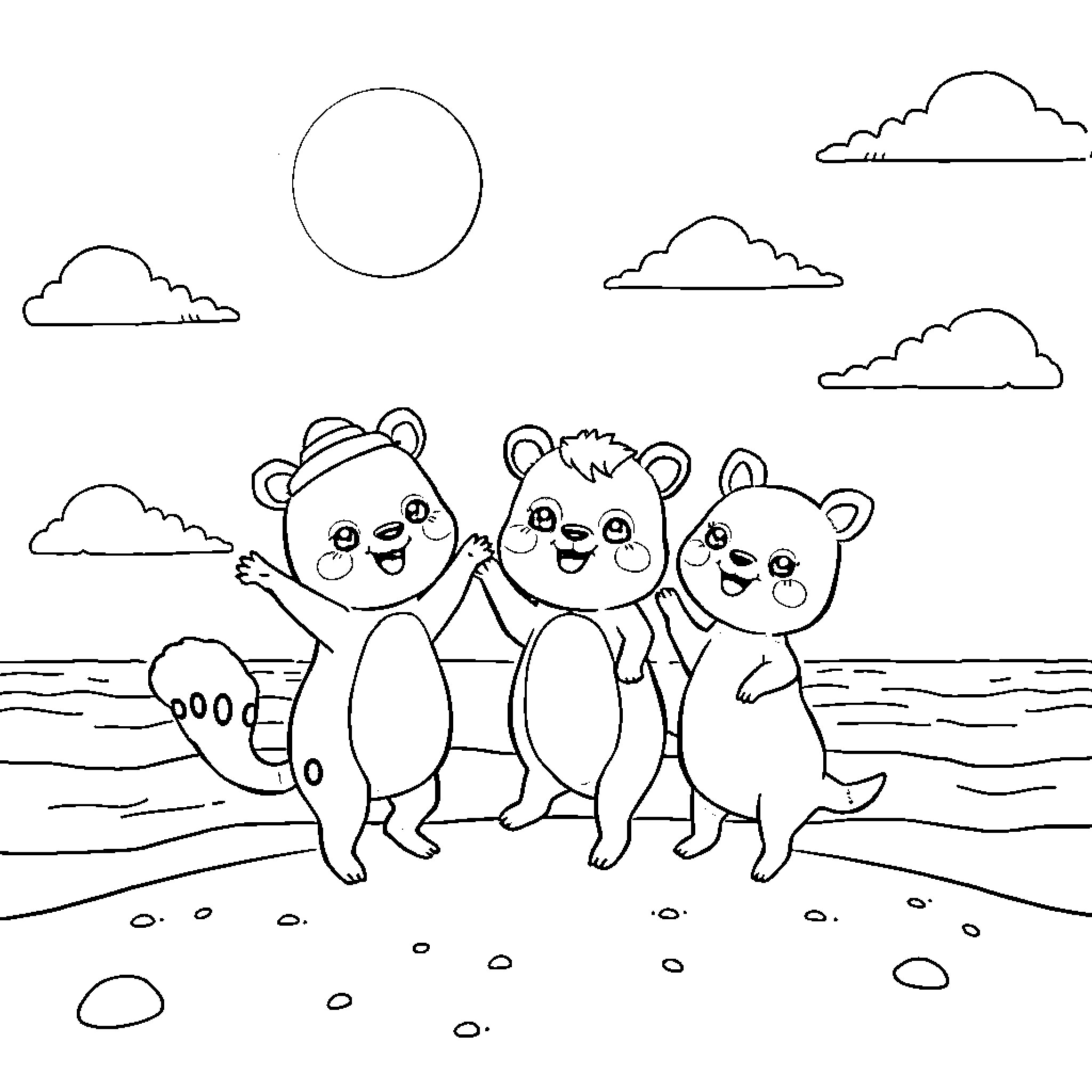 Animal friends enjoying a sunny day at the beach Coloring Page (free black-and-white line drawing printable PDF for all, from beginners to advanced learners, including children, teens, adults, and seniors)