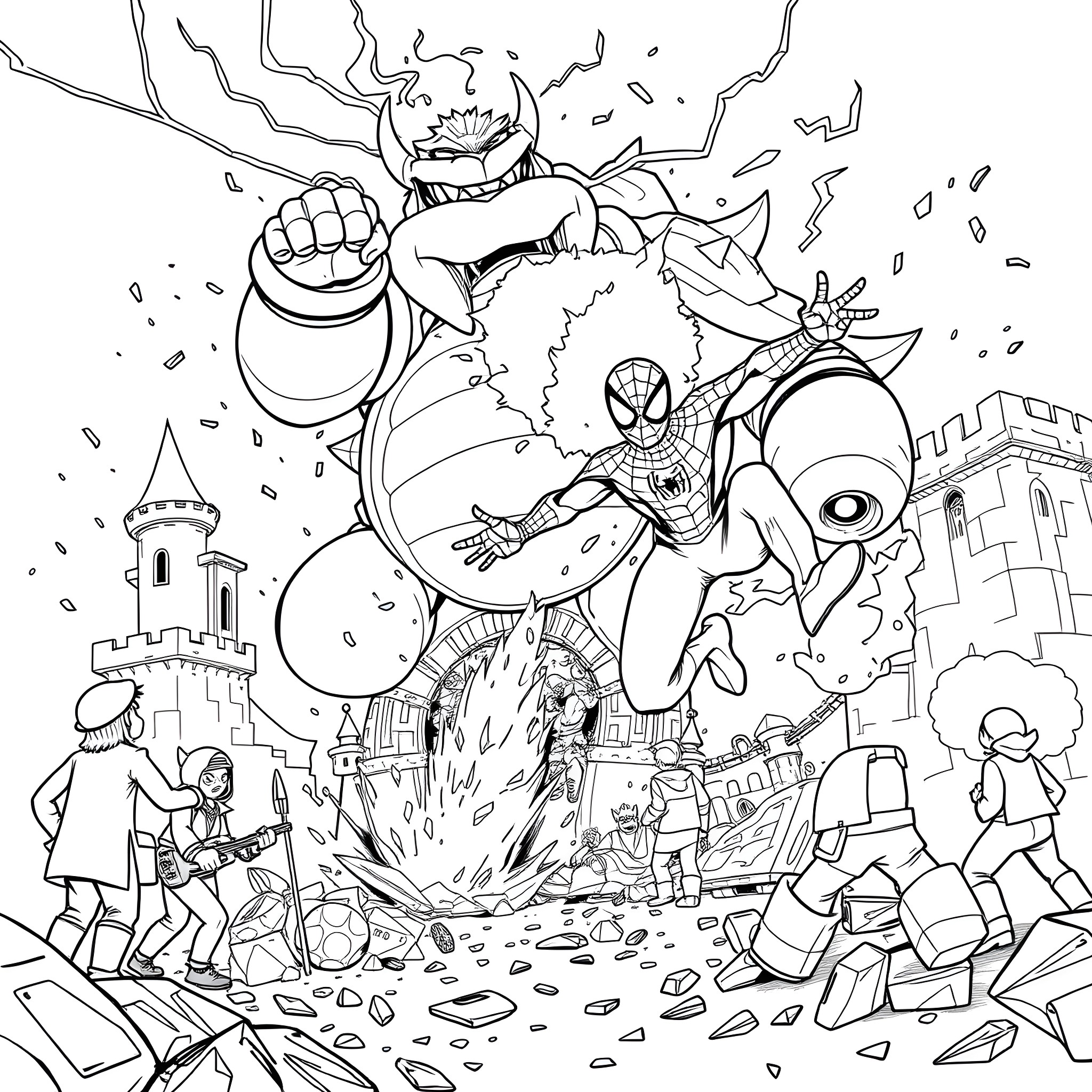 Spider-Man Battles Villains in Chaotic City Scene Coloring Page (free black-and-white line drawing printable PDF for all, from beginners to advanced learners, including children, teens, adults, and seniors)