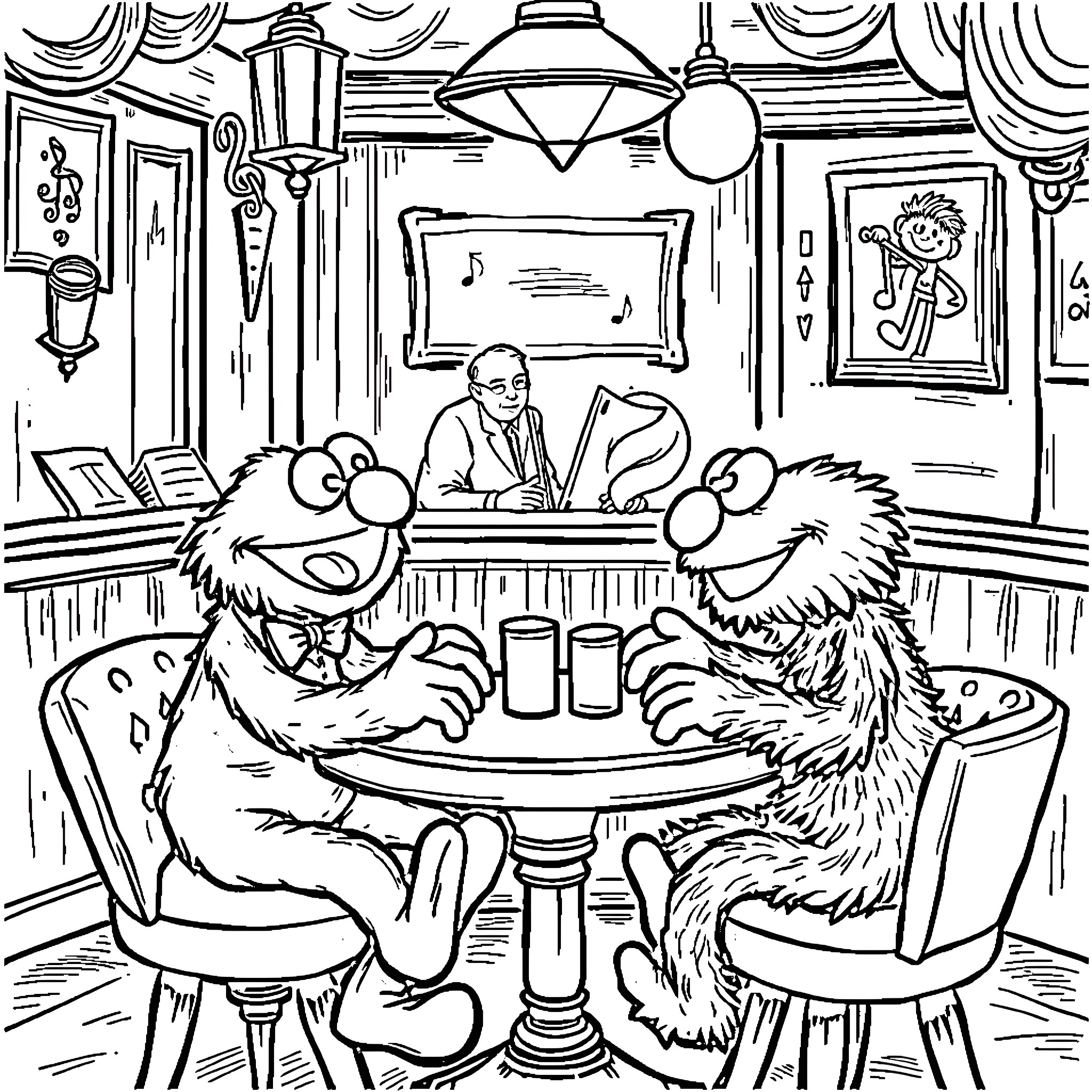 Bluey and friends enjoy a cozy cafe outing Coloring Page (free black-and-white line drawing printable PDF for all, from beginners to advanced learners, including children, teens, adults, and seniors)