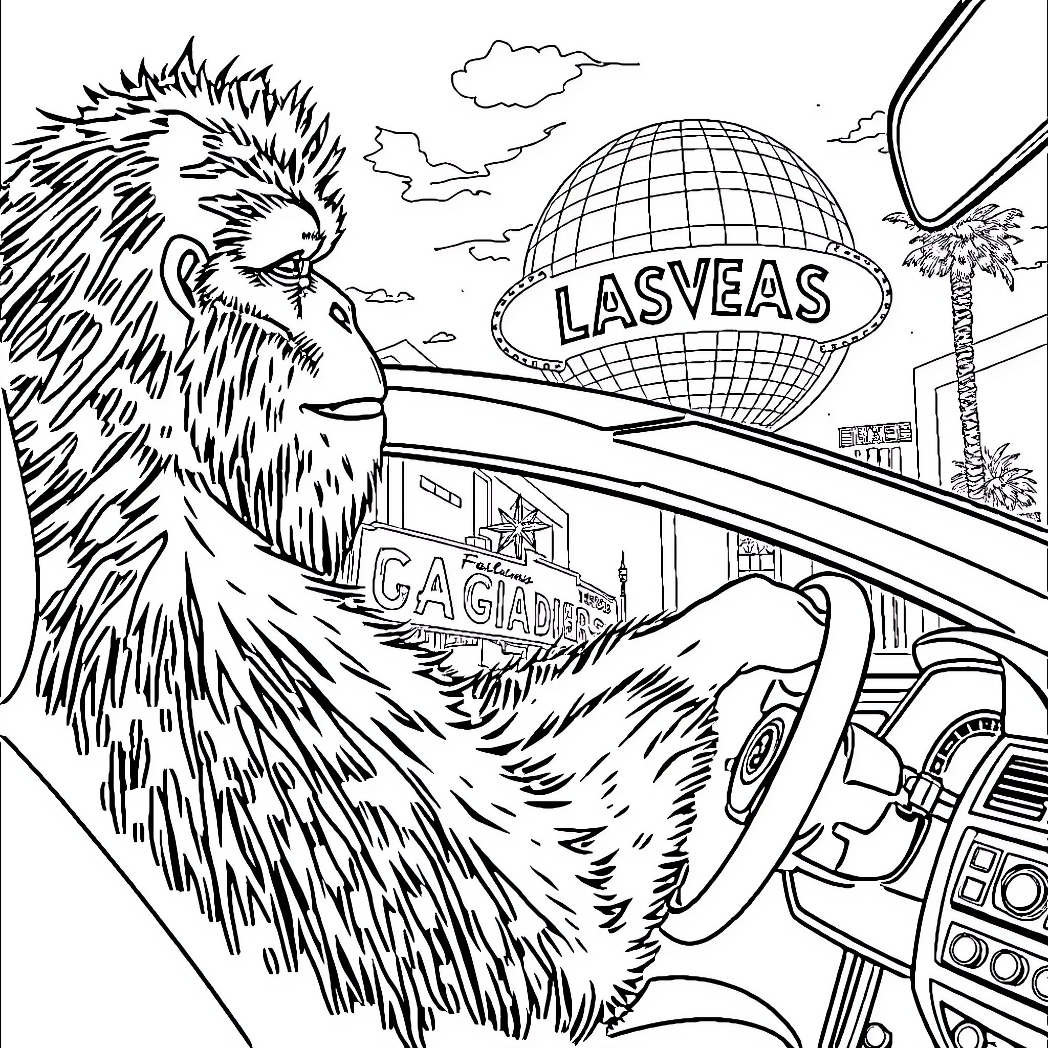 Bigfoot explores the glittering sights of Las Vegas Coloring Page (free black-and-white line drawing printable PDF for all, from beginners to advanced learners, including children, teens, adults, and seniors)