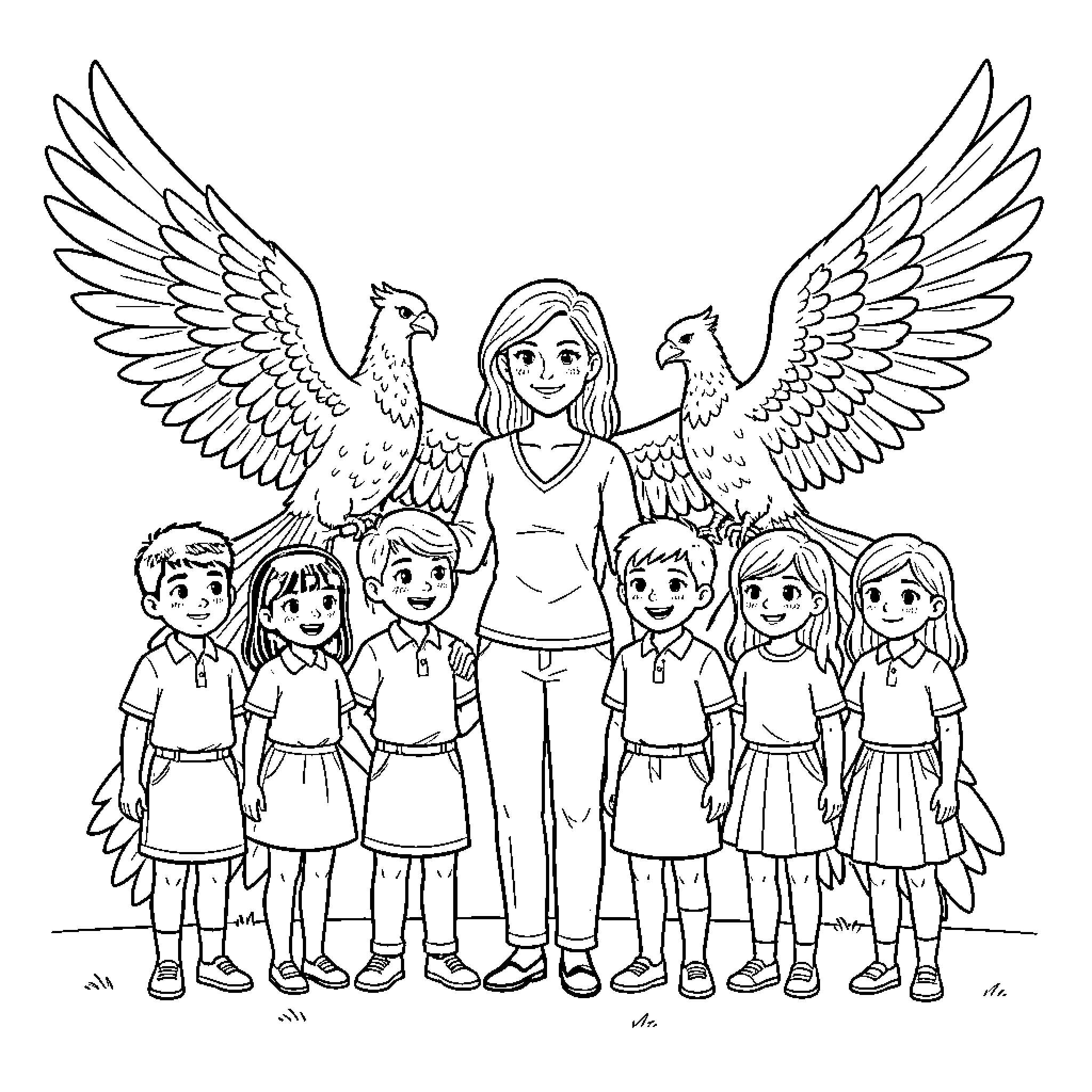 Phoenix teacher standing with smiling children and birds Coloring Page (free black-and-white line drawing printable PDF for all, from beginners to advanced learners, including children, teens, adults, and seniors)