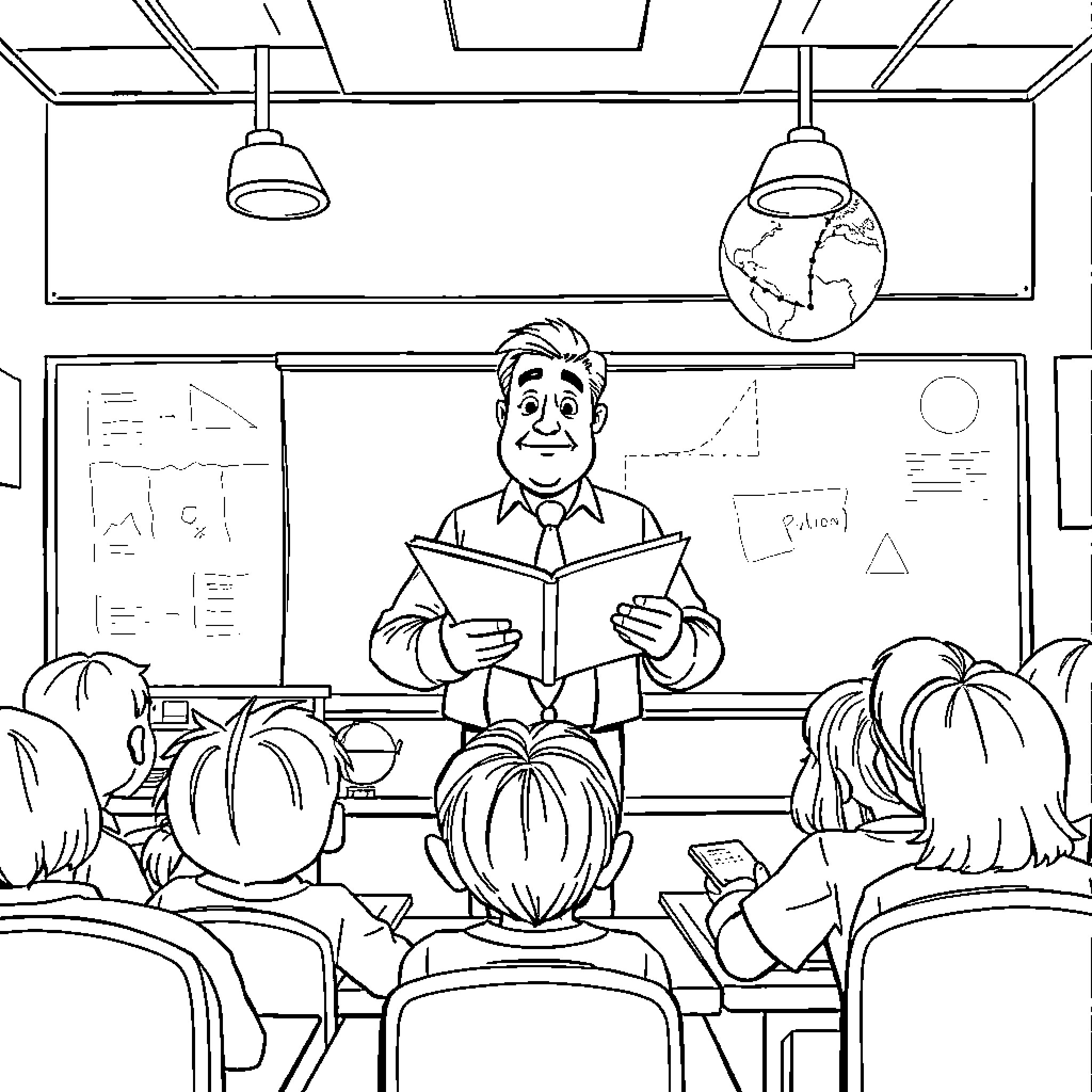 Teacher instructing students in classroom Coloring Page (free black-and-white line drawing printable PDF for all, from beginners to advanced learners, including children, teens, adults, and seniors)