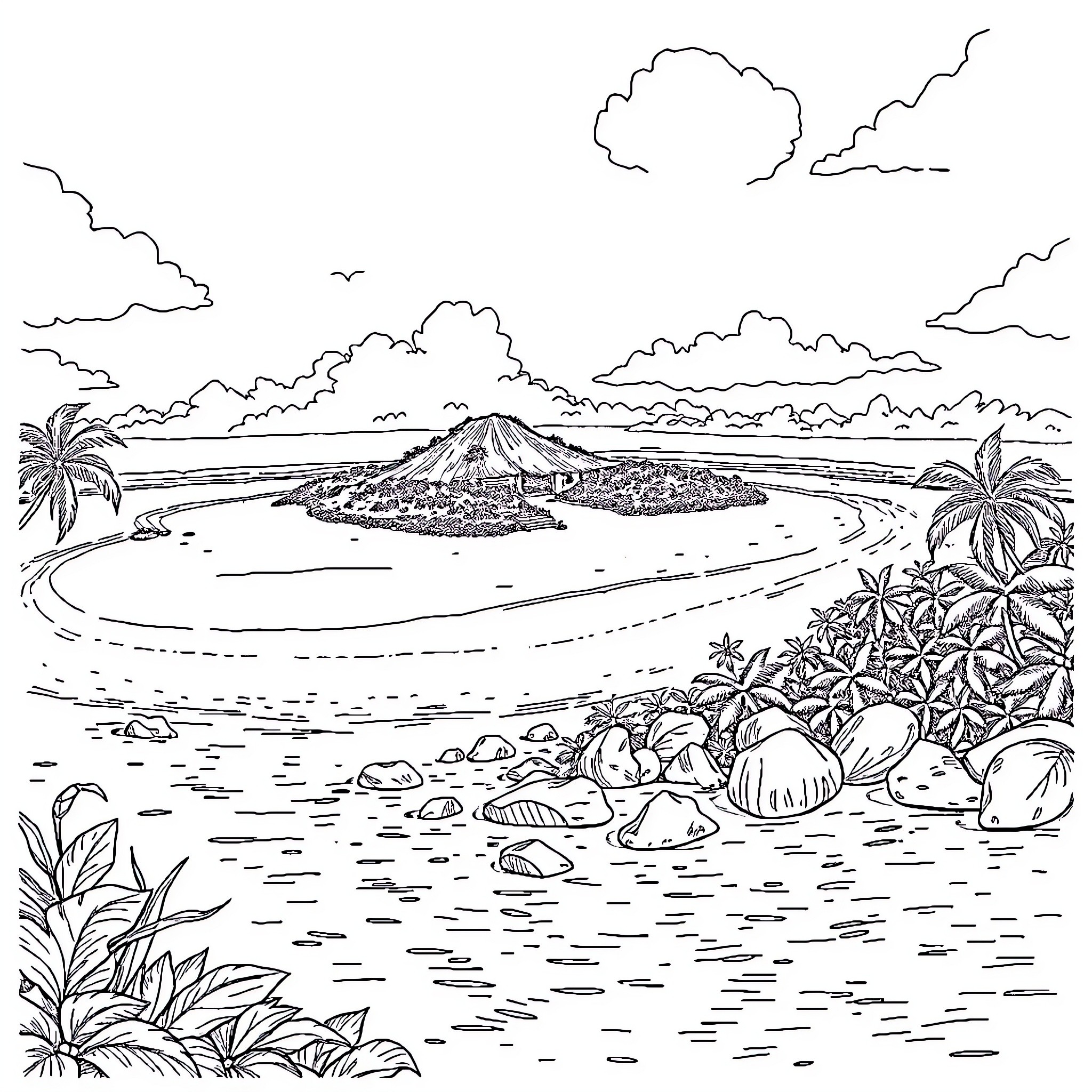 Saipan coastal landscape with volcanic mountain Coloring Page (free black-and-white line drawing printable PDF for all, from beginners to advanced learners, including children, teens, adults, and seniors)