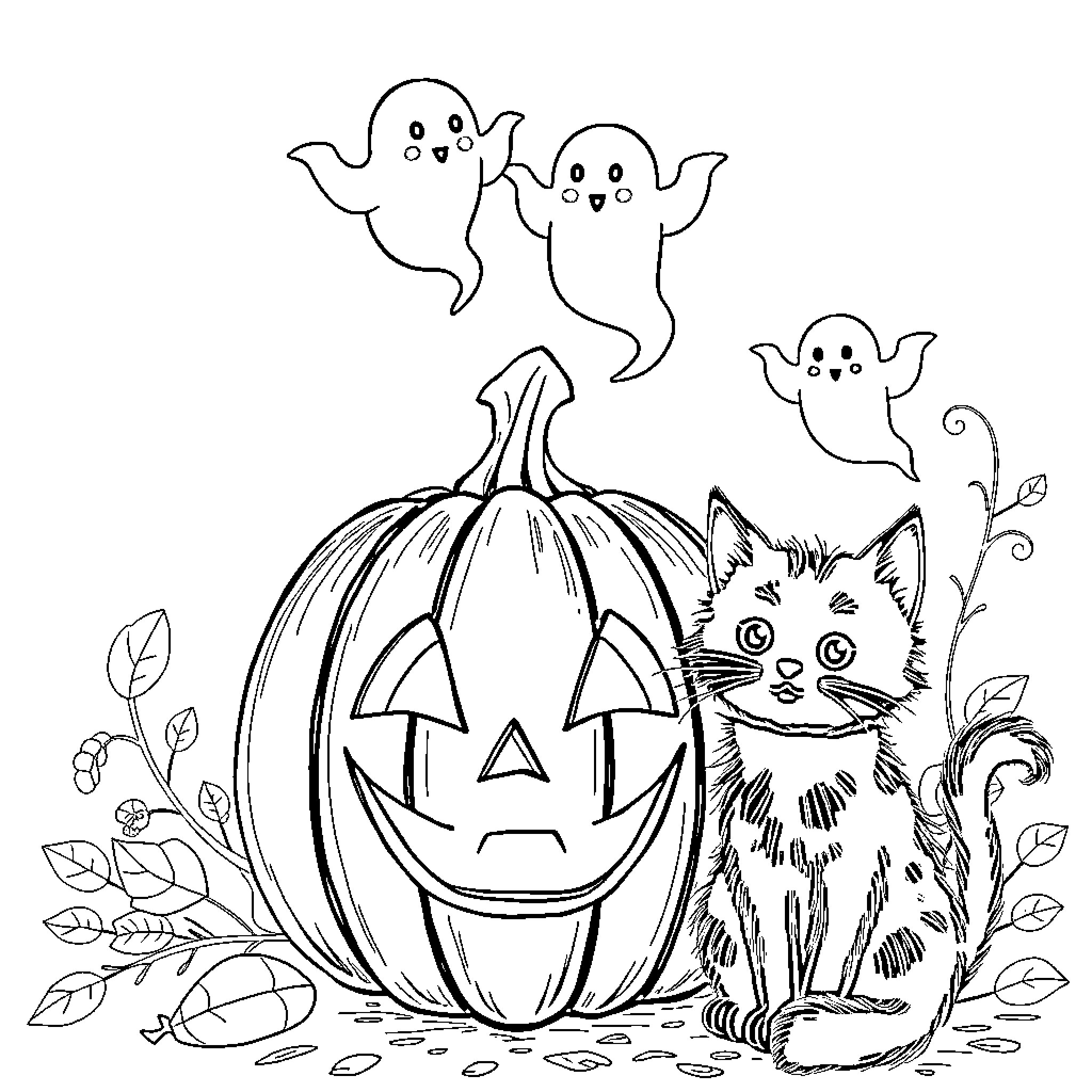 Ghost pumpkin and playful kittens in Halloween scene Coloring Page (free black-and-white line drawing printable PDF for all, from beginners to advanced learners, including children, teens, adults, and seniors)