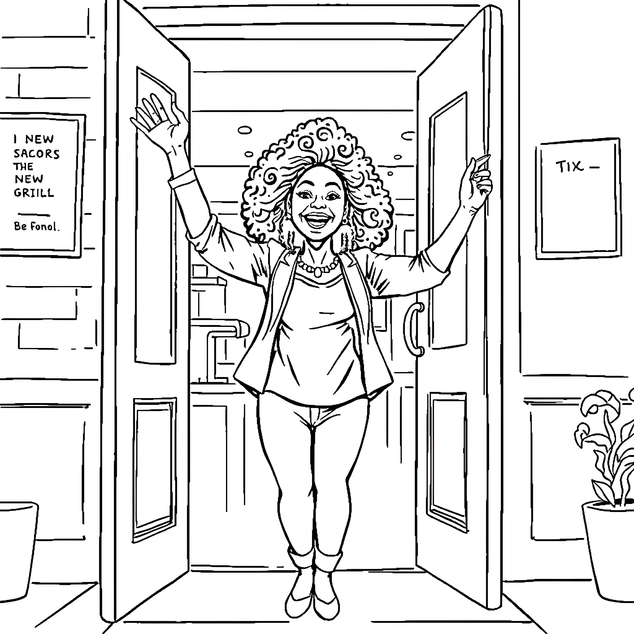 Woman celebrates new restaurant opening with joy and enthusiasm Coloring Page (free black-and-white line drawing printable PDF for all, from beginners to advanced learners, including children, teens, adults, and seniors)