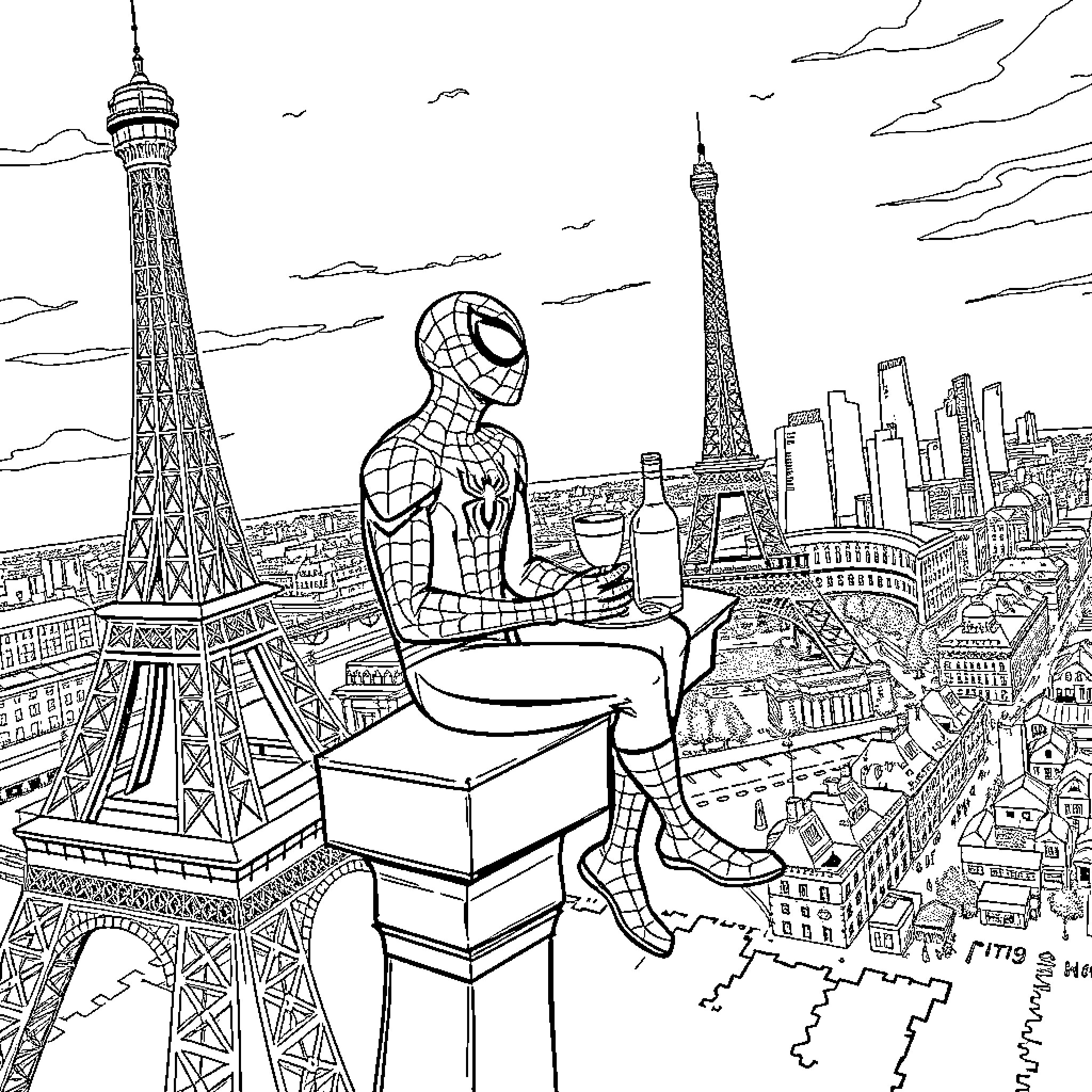 Spiderman overlooking the Parisian skyline Coloring Page (free black-and-white line drawing printable PDF for all, from beginners to advanced learners, including children, teens, adults, and seniors)