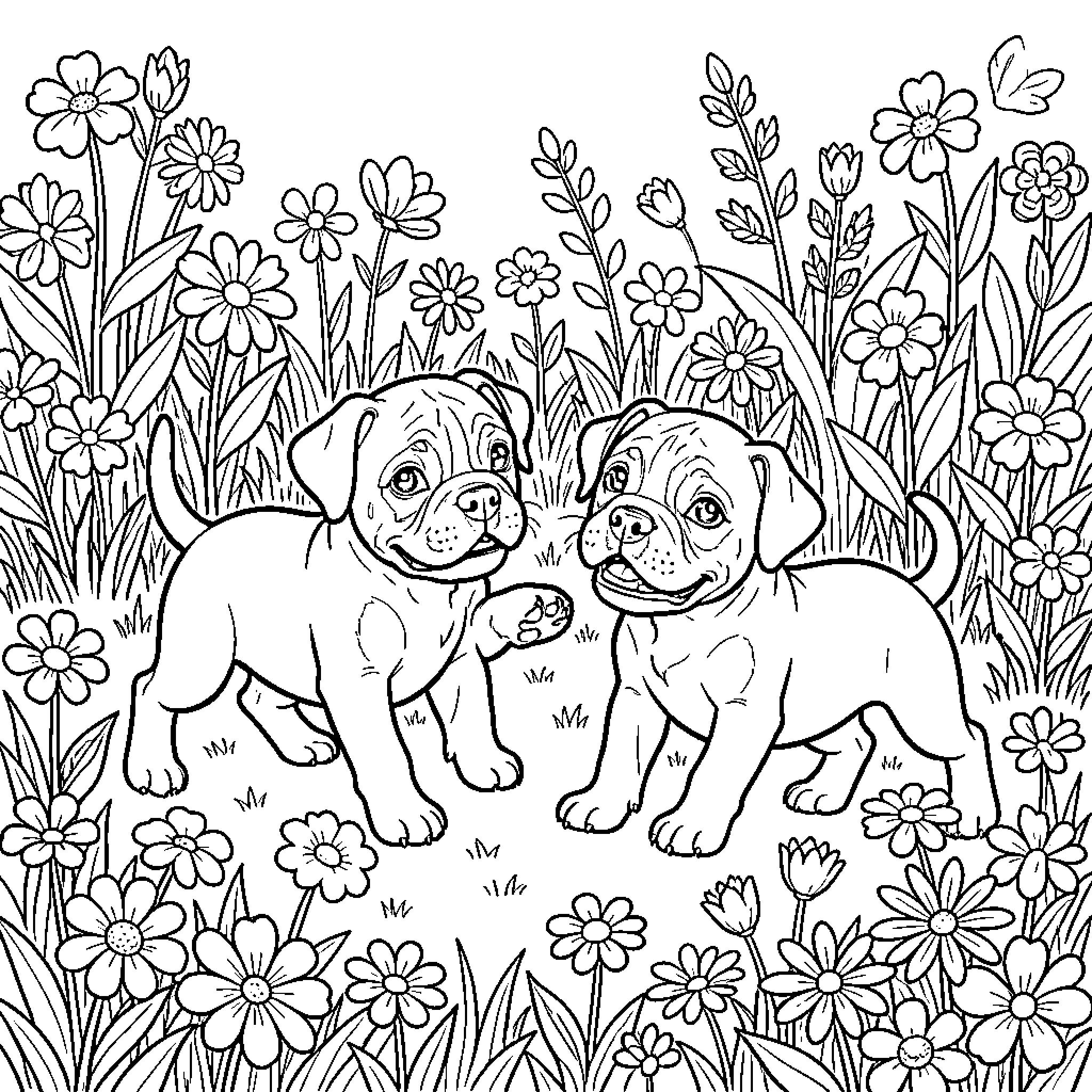 Boxer Puppy duo playing in a flower field Coloring Page (free black-and-white line drawing printable PDF for all, from beginners to advanced learners, including children, teens, adults, and seniors)