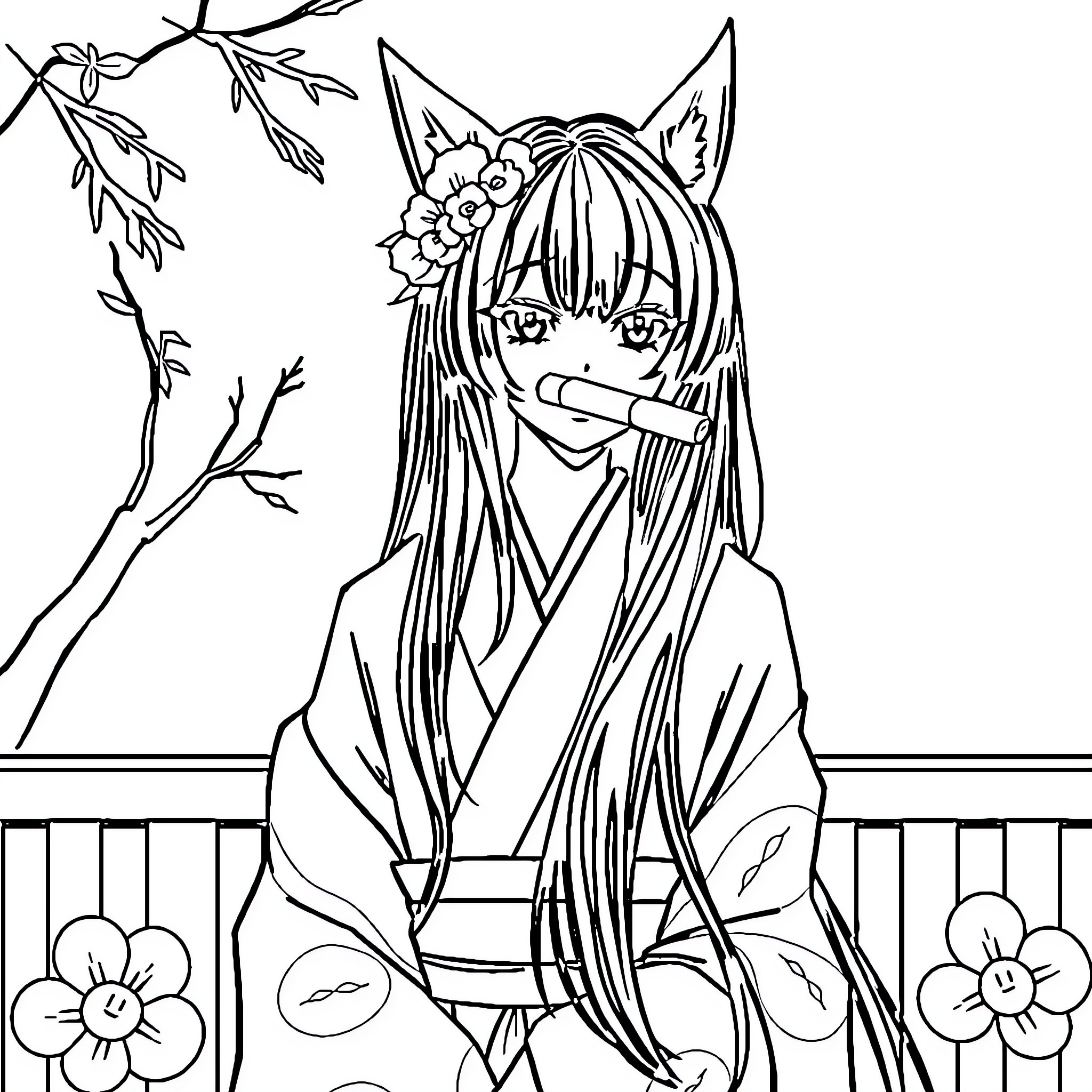Nezuko dressed in traditional outfit under sakura trees Coloring Page (free black-and-white line drawing printable PDF for all, from beginners to advanced learners, including children, teens, adults, and seniors)
