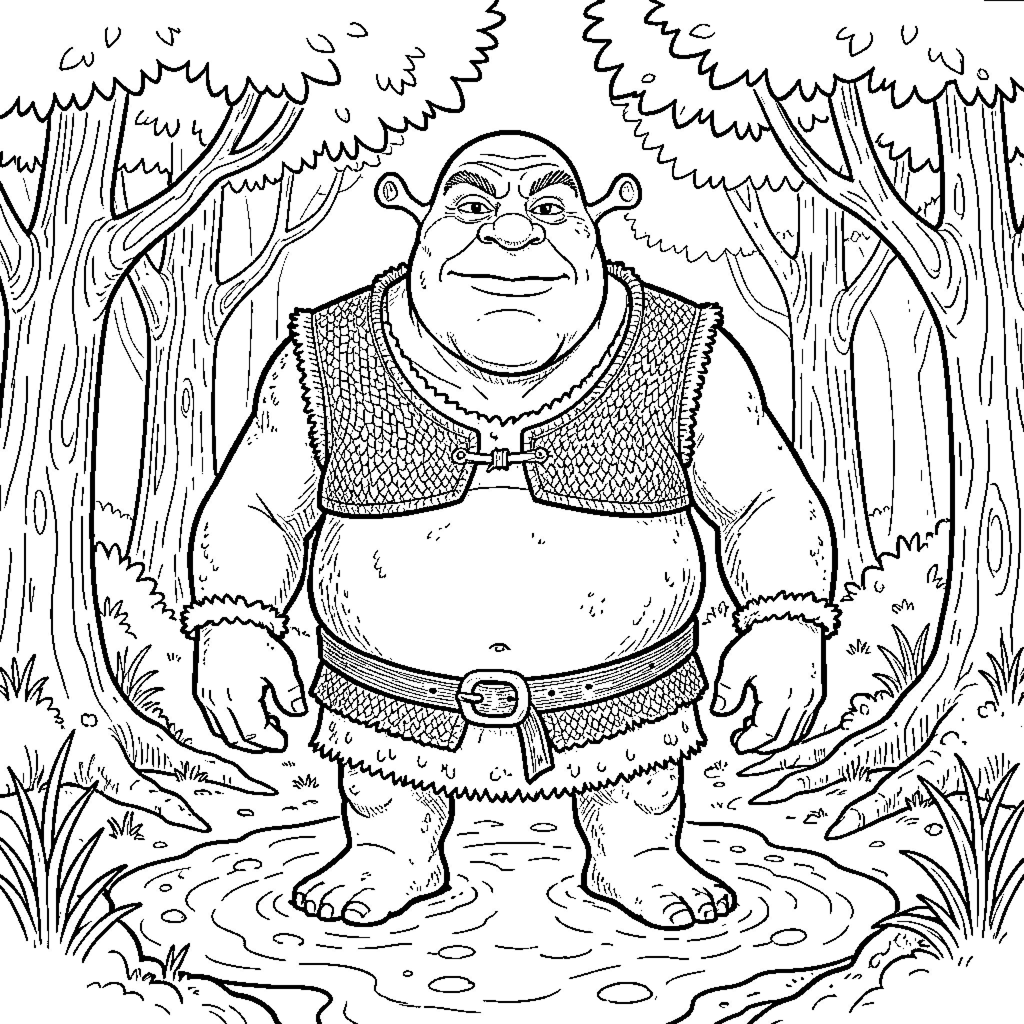 Shrek smiling while standing in a forest puddle Coloring Page (free black-and-white line drawing printable PDF for all, from beginners to advanced learners, including children, teens, adults, and seniors)