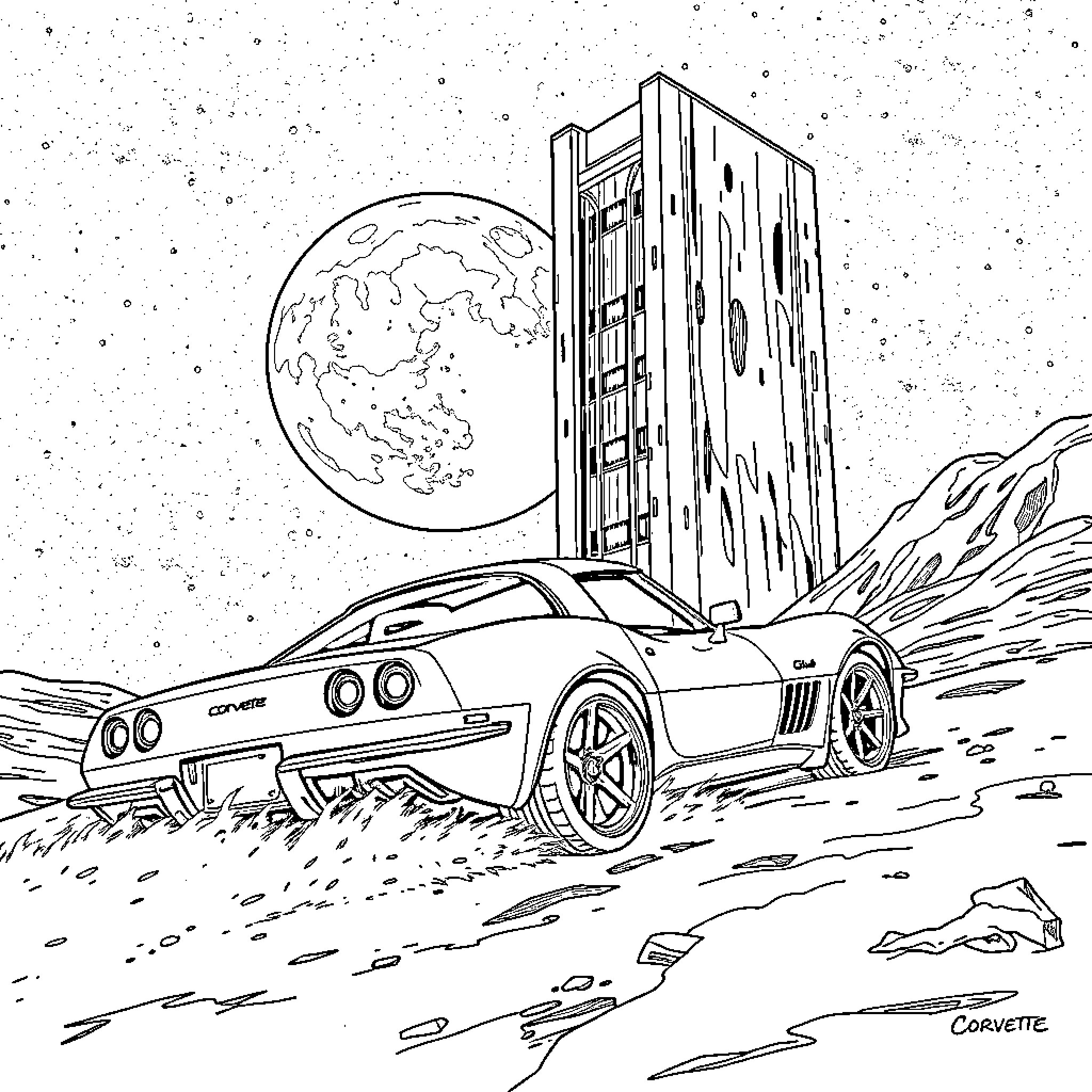 Corvette racing through an alien landscape Coloring Page (free black-and-white line drawing printable PDF for all, from beginners to advanced learners, including children, teens, adults, and seniors)