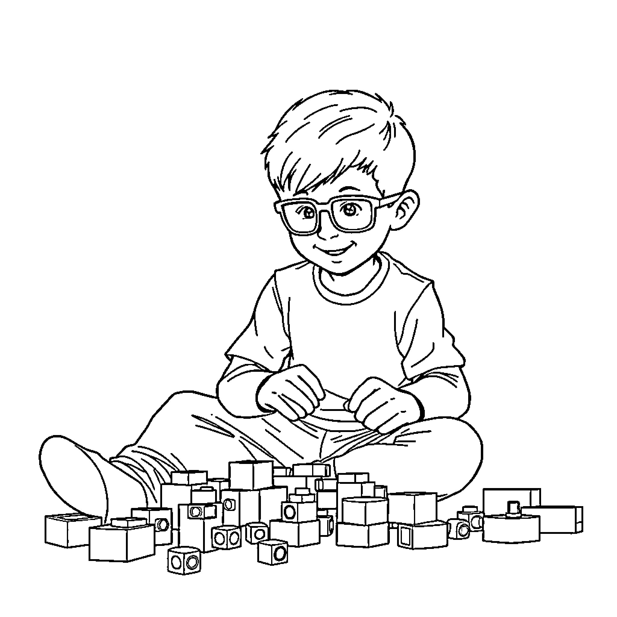 Boy playing with building blocks happily Coloring Page (free black-and-white line drawing printable PDF for all, from beginners to advanced learners, including children, teens, adults, and seniors)