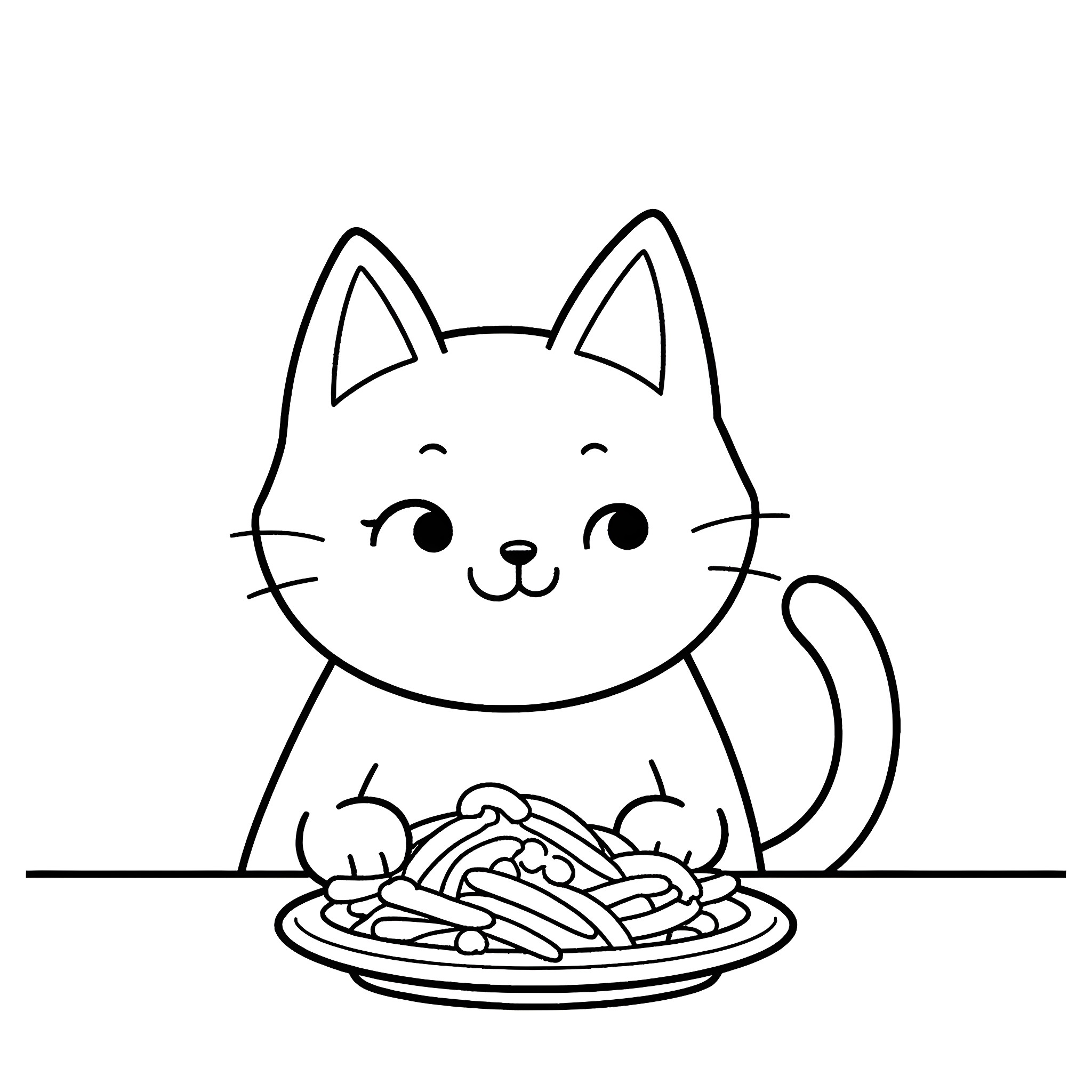 Cat eating spaghetti happily Coloring Page (free black-and-white line drawing printable PDF for all, from beginners to advanced learners, including children, teens, adults, and seniors)