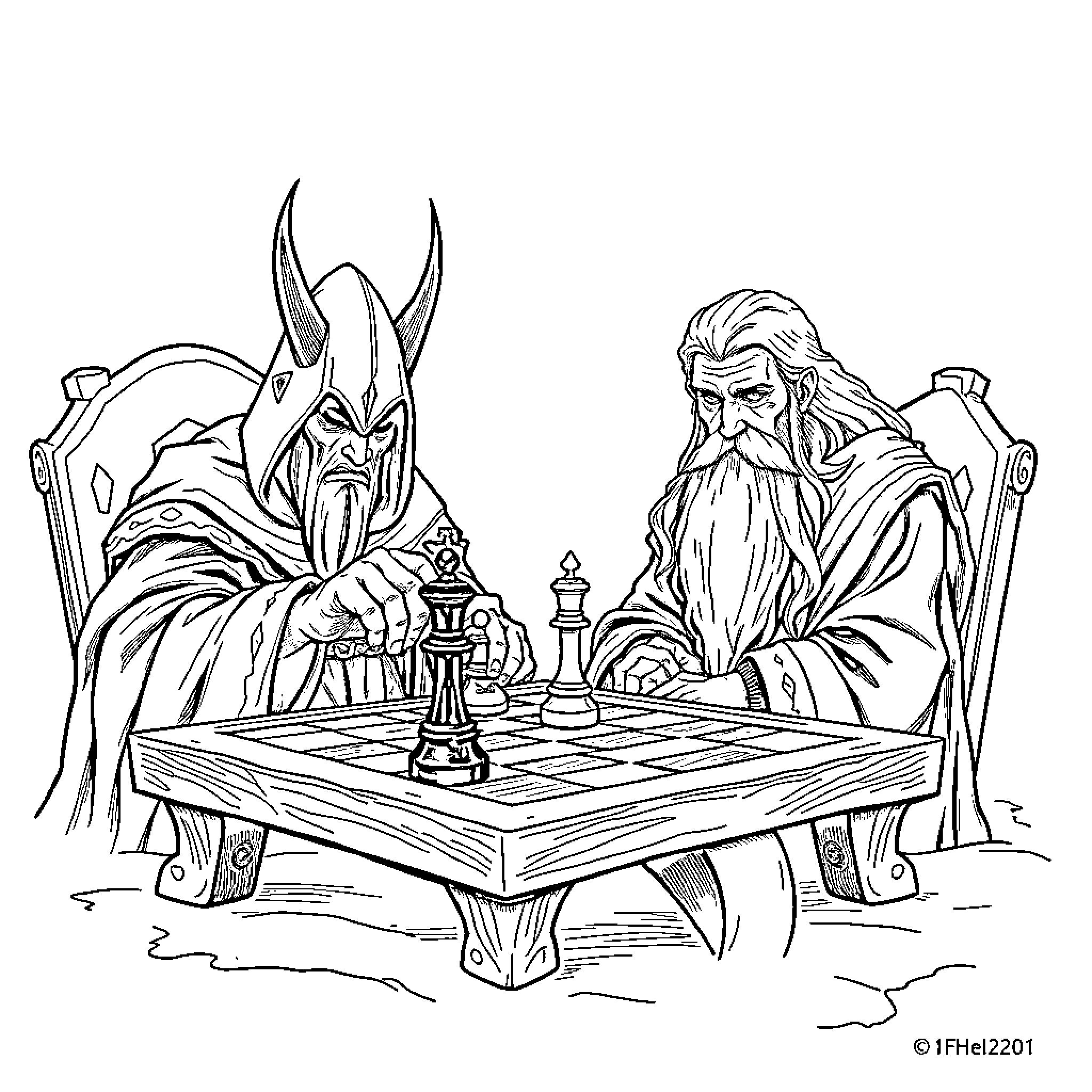 Sauran kings playing an intense chess game Coloring Page (free black-and-white line drawing printable PDF for all, from beginners to advanced learners, including children, teens, adults, and seniors)