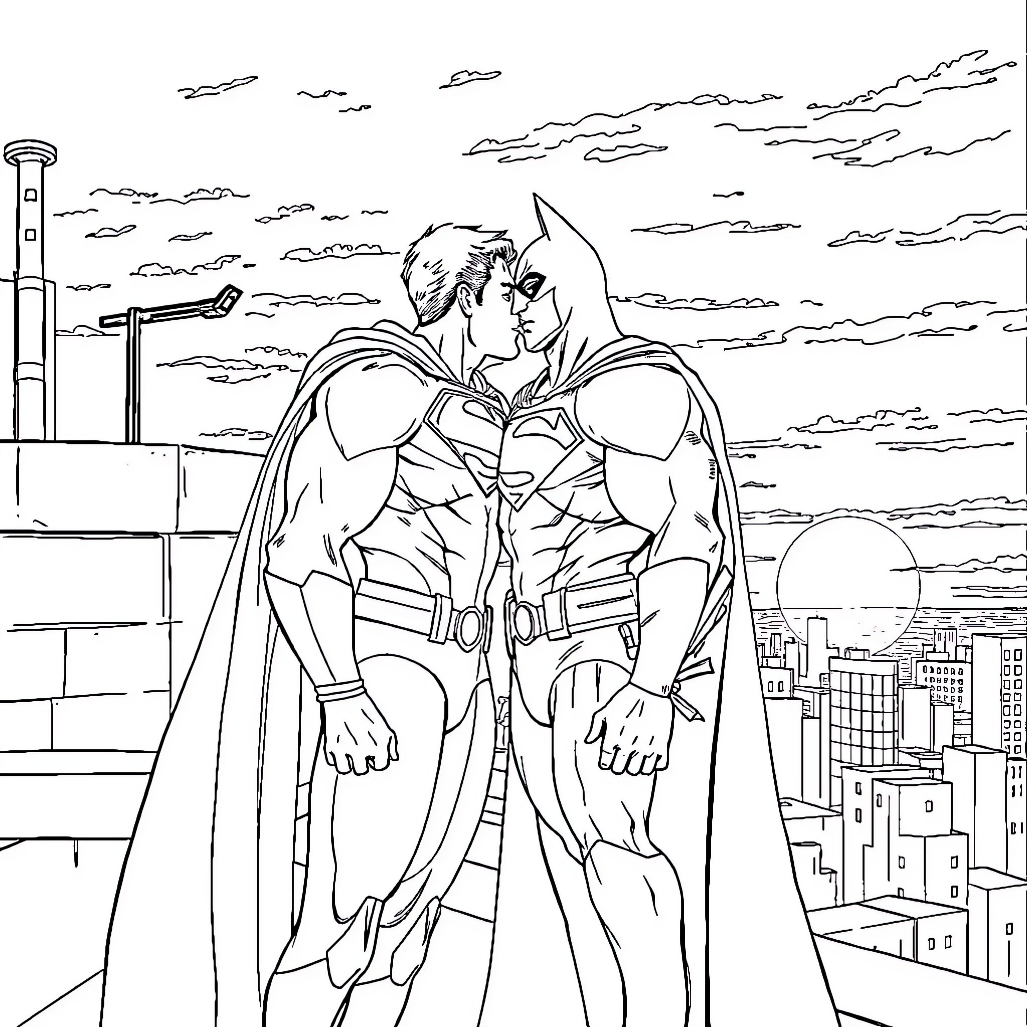 Superman embracing a heroic figure against a cityscape Coloring Page (free black-and-white line drawing printable PDF for all, from beginners to advanced learners, including children, teens, adults, and seniors)