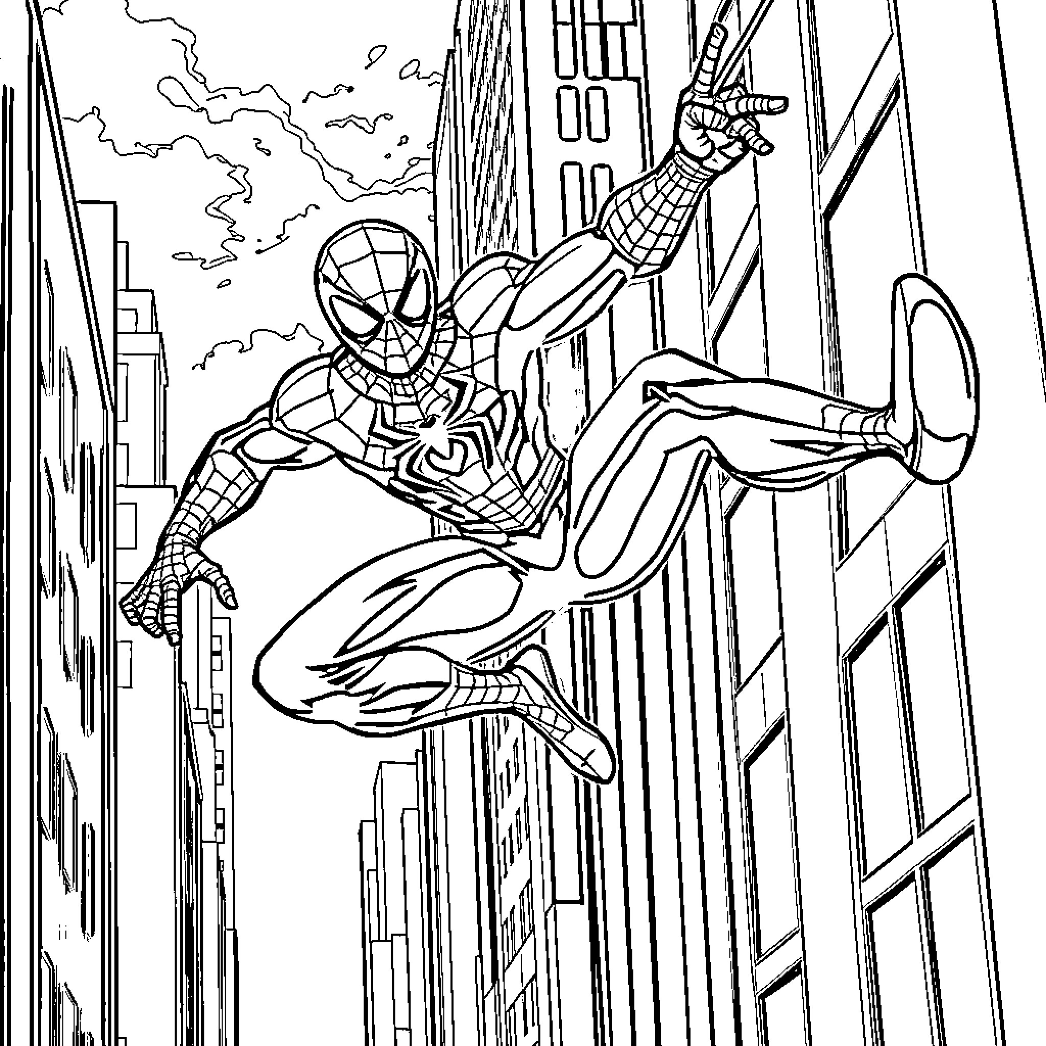 Spiderman swinging through the city skyline Coloring Page (free black-and-white line drawing printable PDF for all, from beginners to advanced learners, including children, teens, adults, and seniors)
