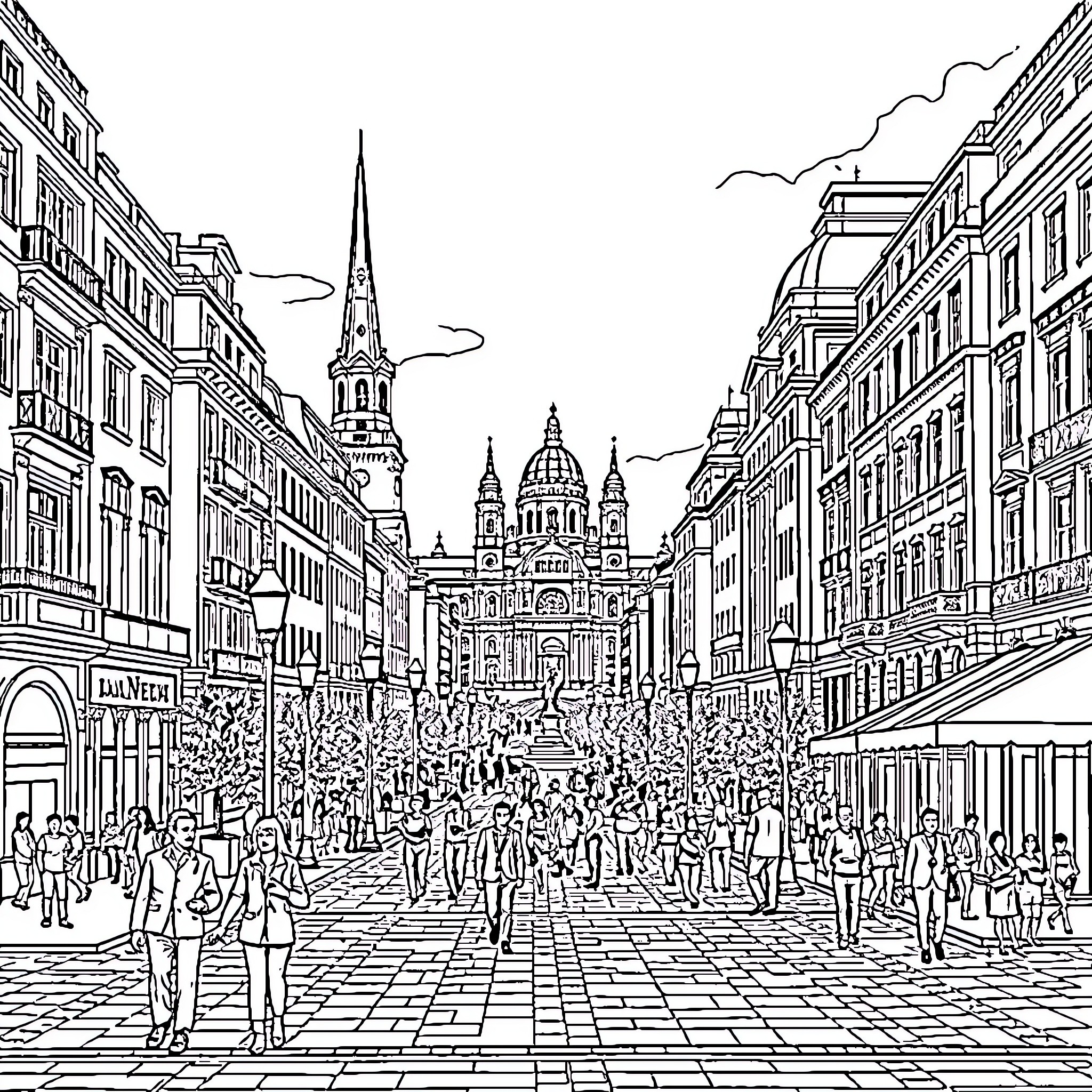 Blaha Lujza Square bustling with people and city architecture Coloring Page (free black-and-white line drawing printable PDF for all, from beginners to advanced learners, including children, teens, adults, and seniors)