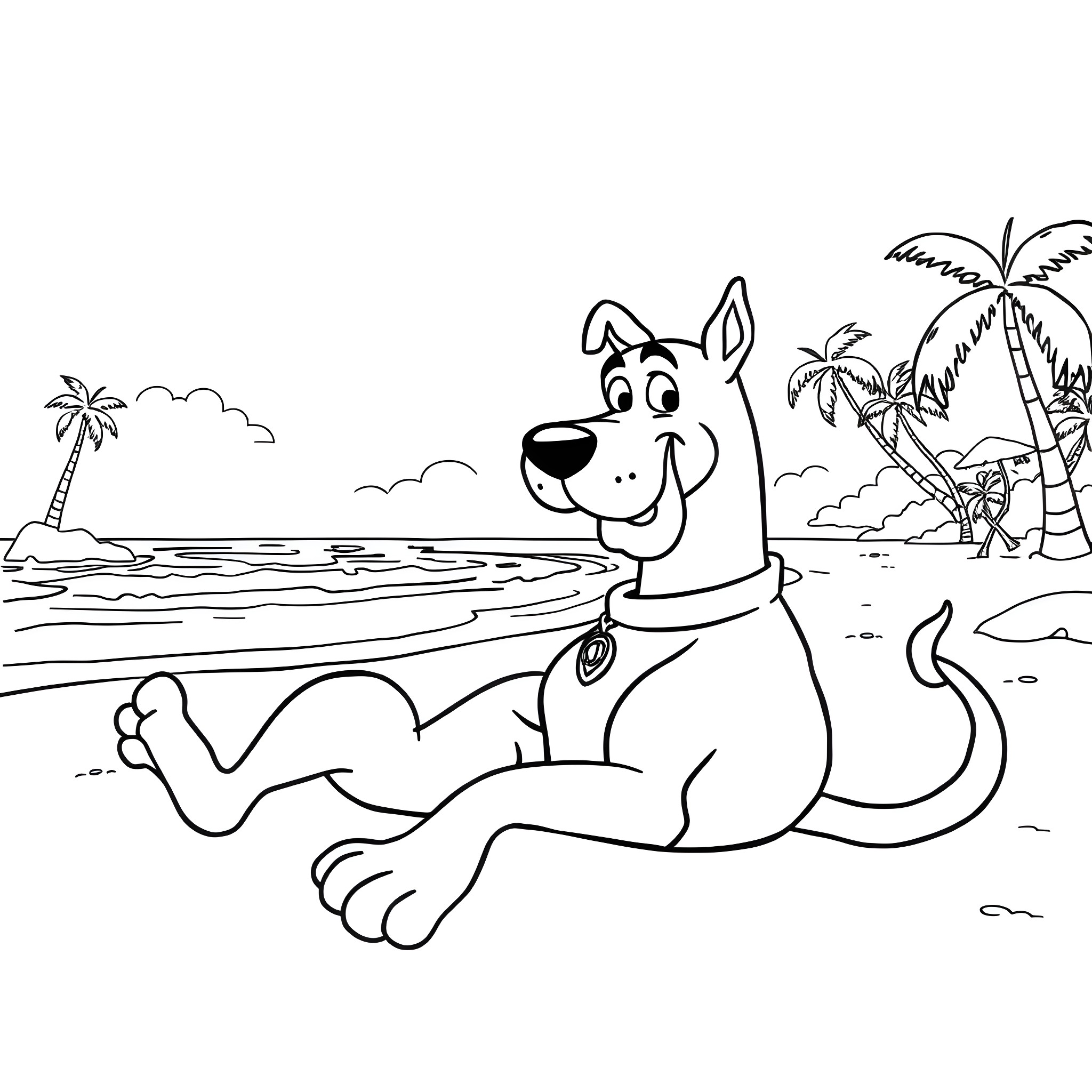 Scooby Doo relaxing on the beach Coloring Page (free black-and-white line drawing printable PDF for all, from beginners to advanced learners, including children, teens, adults, and seniors)