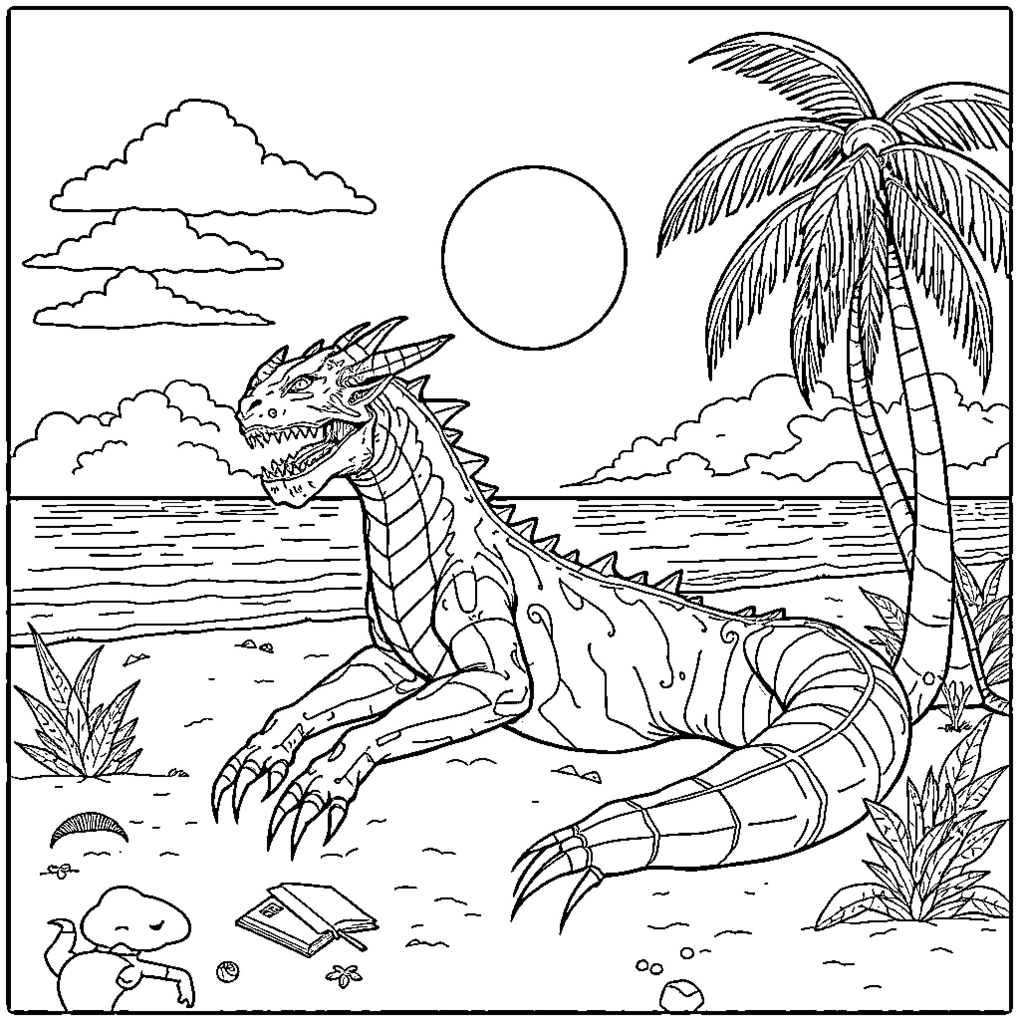 Demogorgon relaxing on a tropical beach Coloring Page (free black-and-white line drawing printable PDF for all, from beginners to advanced learners, including children, teens, adults, and seniors)